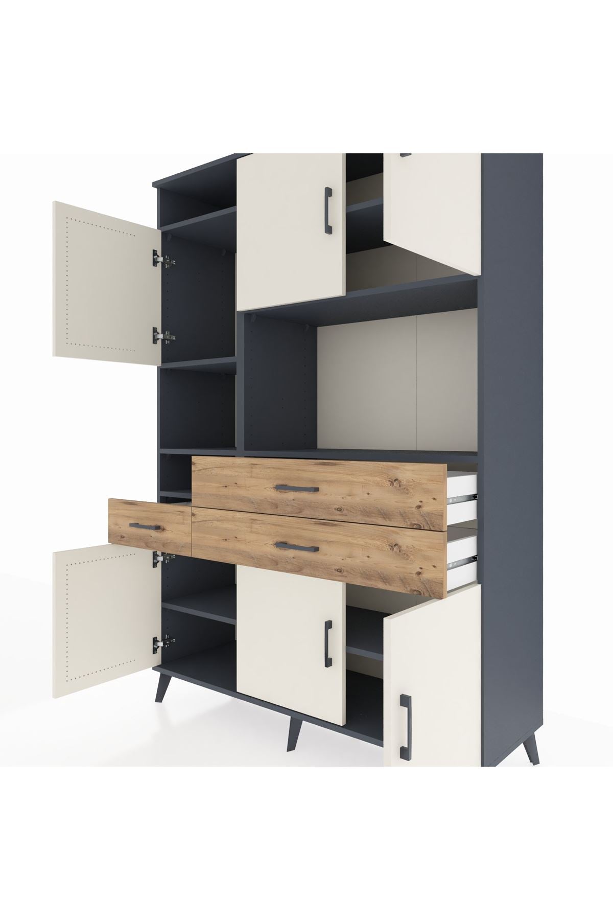 Hyperion Dolap 9 Raflı 3 Çekmeceli 6 Kapaklı 132x44x195 Antrasit-Aytaşı/Çam