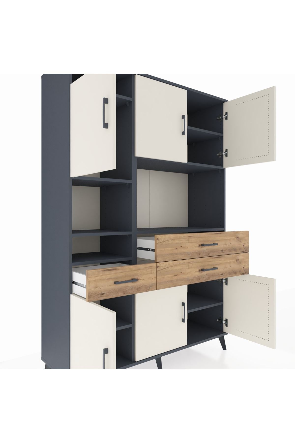 Hyperion Dolap 9 Raflı 3 Çekmeceli 6 Kapaklı 132x44x195 Antrasit-Aytaşı/Çam