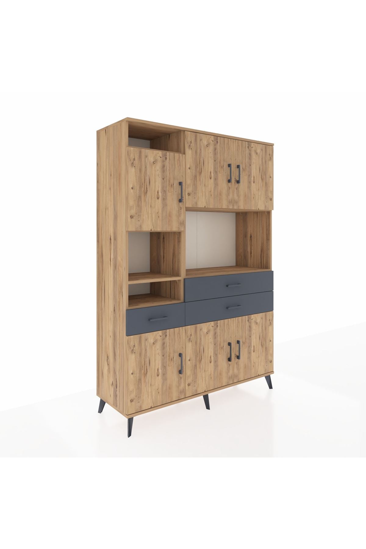 Hyperion Dolap 9 Raflı 3 Çekmeceli 6 Kapaklı 132x44x195 Çam-Çam/Antrasit