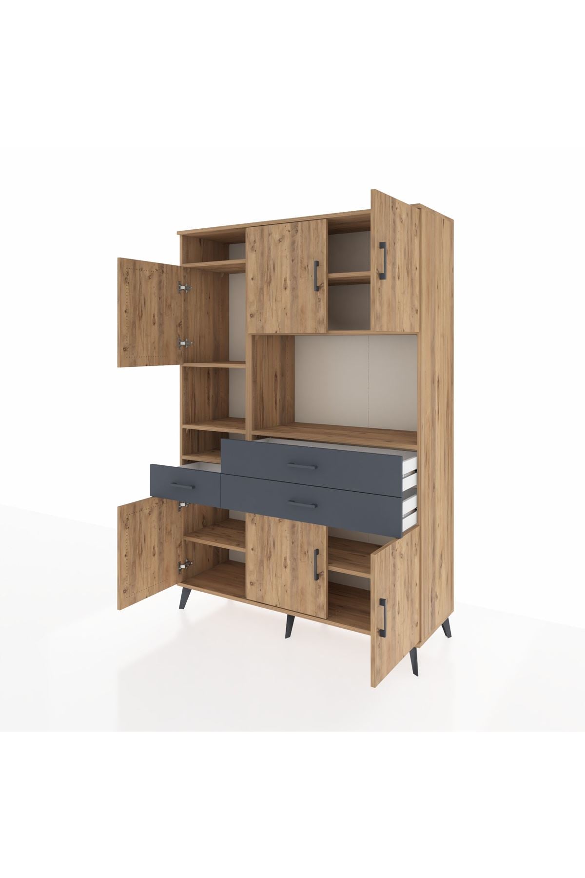 Hyperion Dolap 9 Raflı 3 Çekmeceli 6 Kapaklı 132x44x195 Çam-Çam/Antrasit