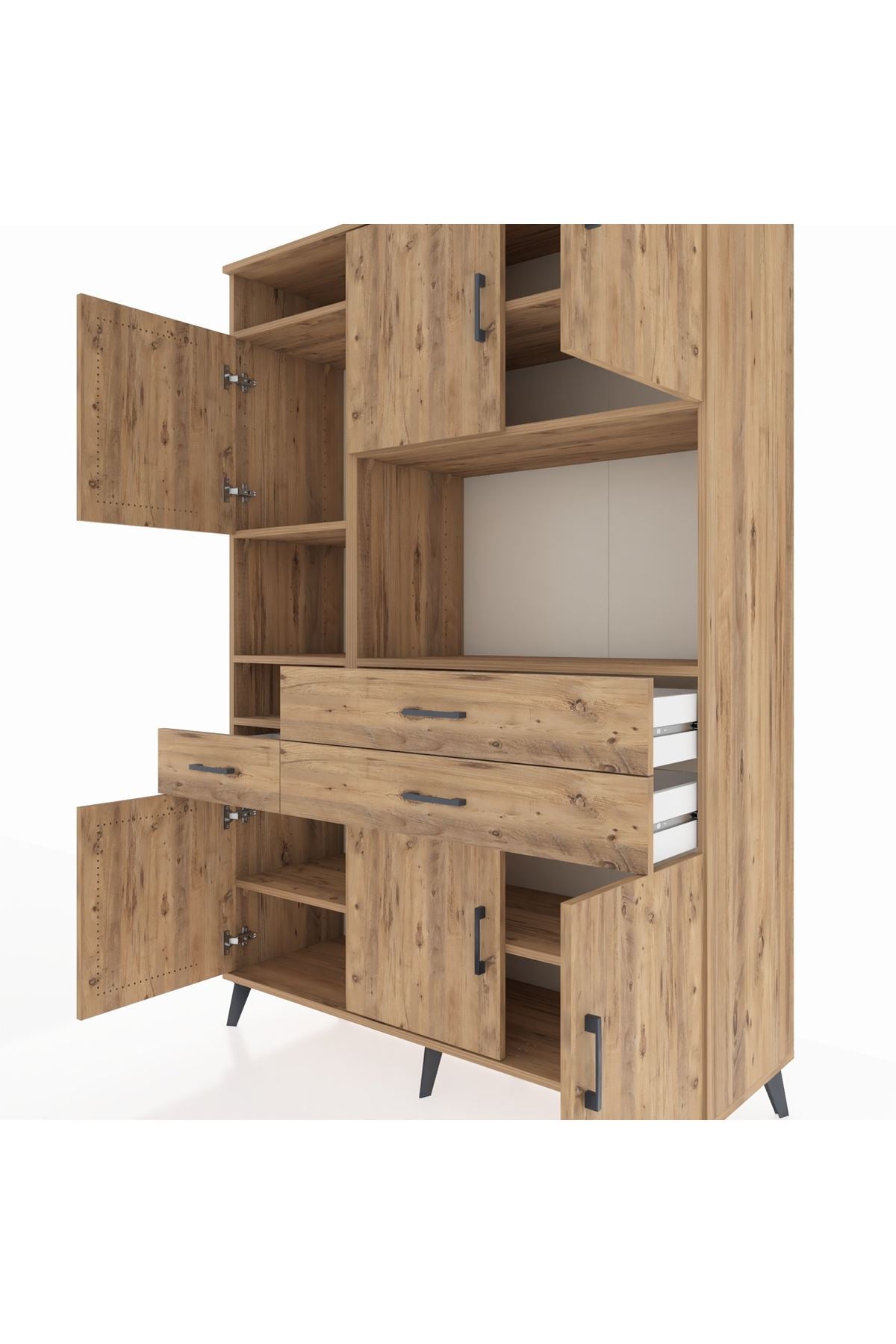 Hyperion Dolap 9 Raflı 3 Çekmeceli 6 Kapaklı 132x44x195 Çam-Çam/Çam