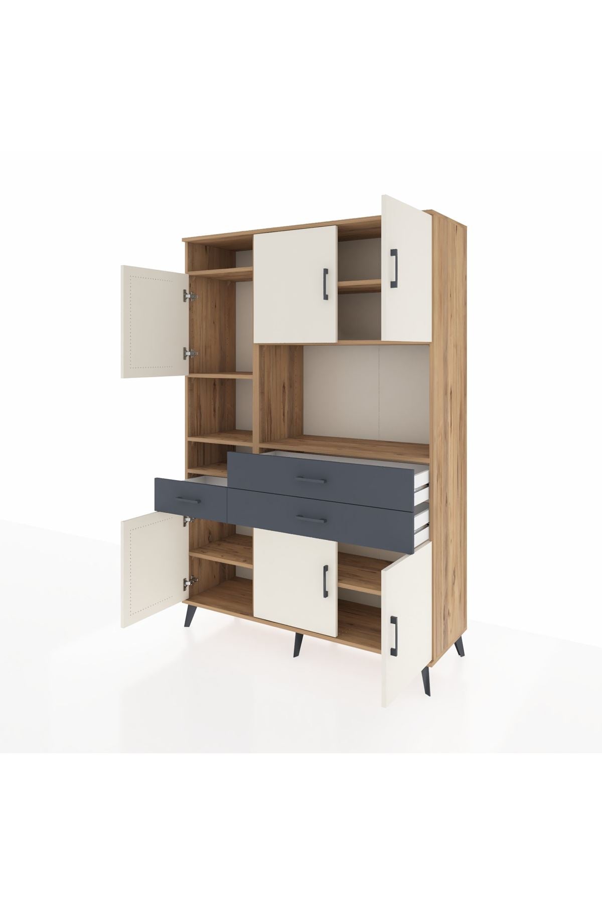 Hyperion Dolap 9 Raflı 3 Çekmeceli 6 Kapaklı 132x44x195 Çam-Aytaşı/Antrasit