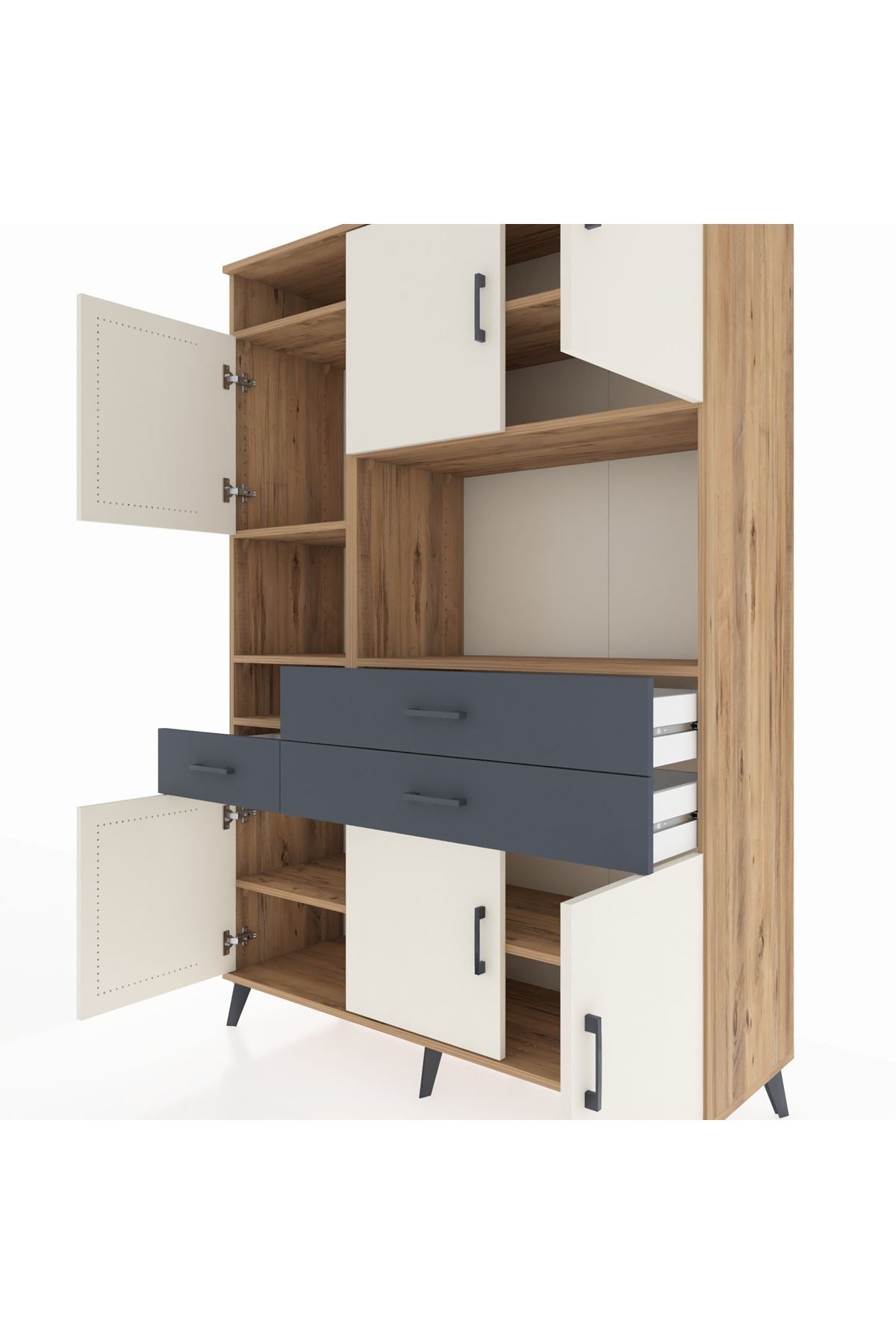 Hyperion Dolap 9 Raflı 3 Çekmeceli 6 Kapaklı 132x44x195 Çam-Aytaşı/Antrasit