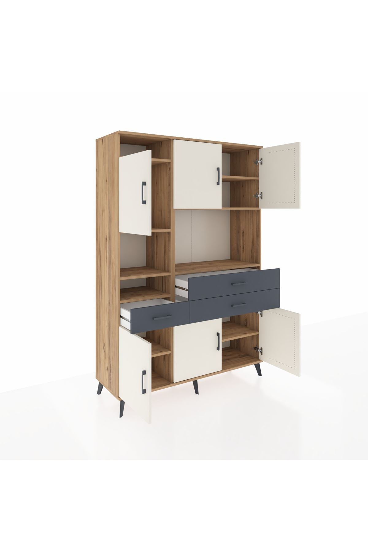 Hyperion Dolap 9 Raflı 3 Çekmeceli 6 Kapaklı 132x44x195 Çam-Aytaşı/Antrasit