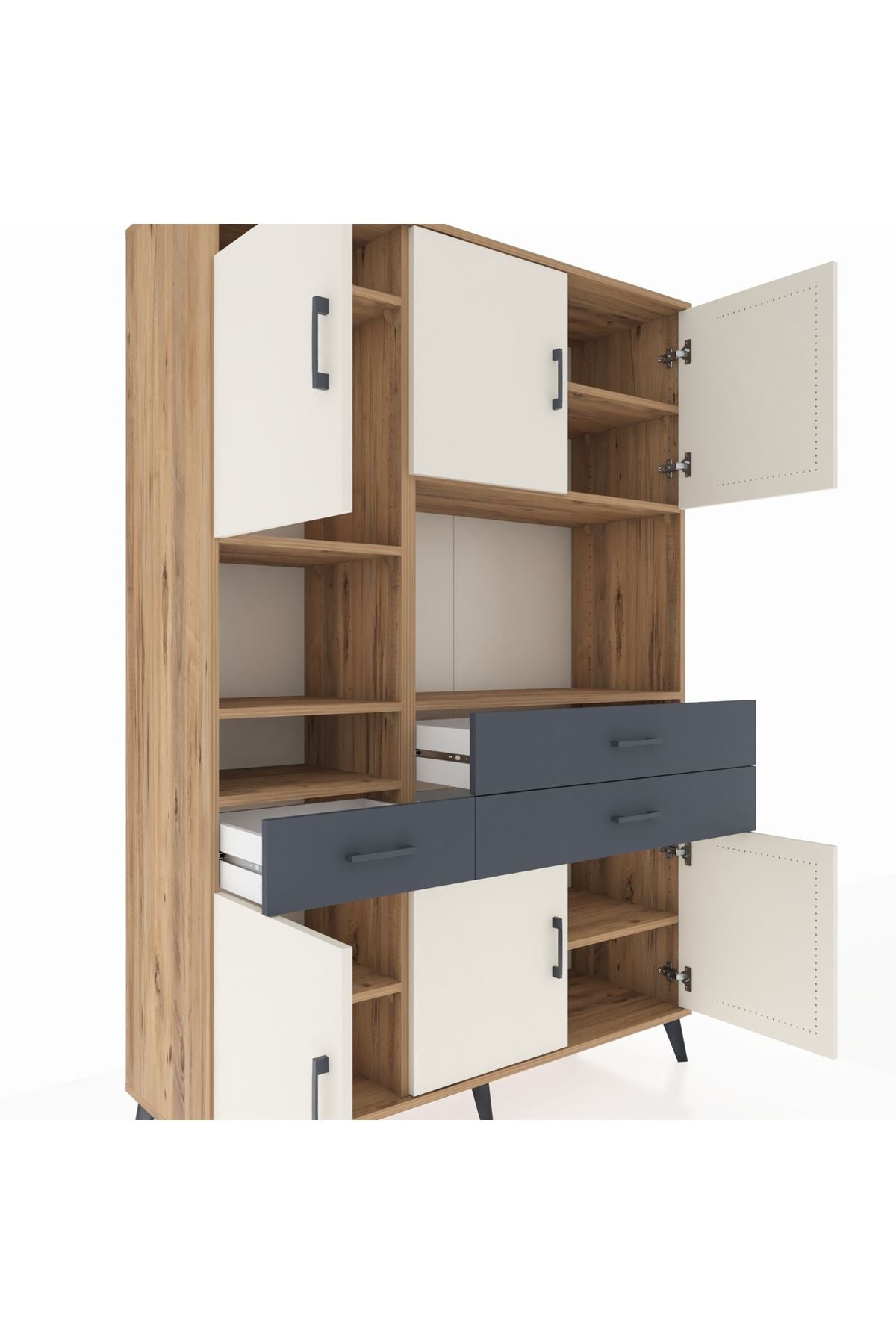 Hyperion Dolap 9 Raflı 3 Çekmeceli 6 Kapaklı 132x44x195 Çam-Aytaşı/Antrasit