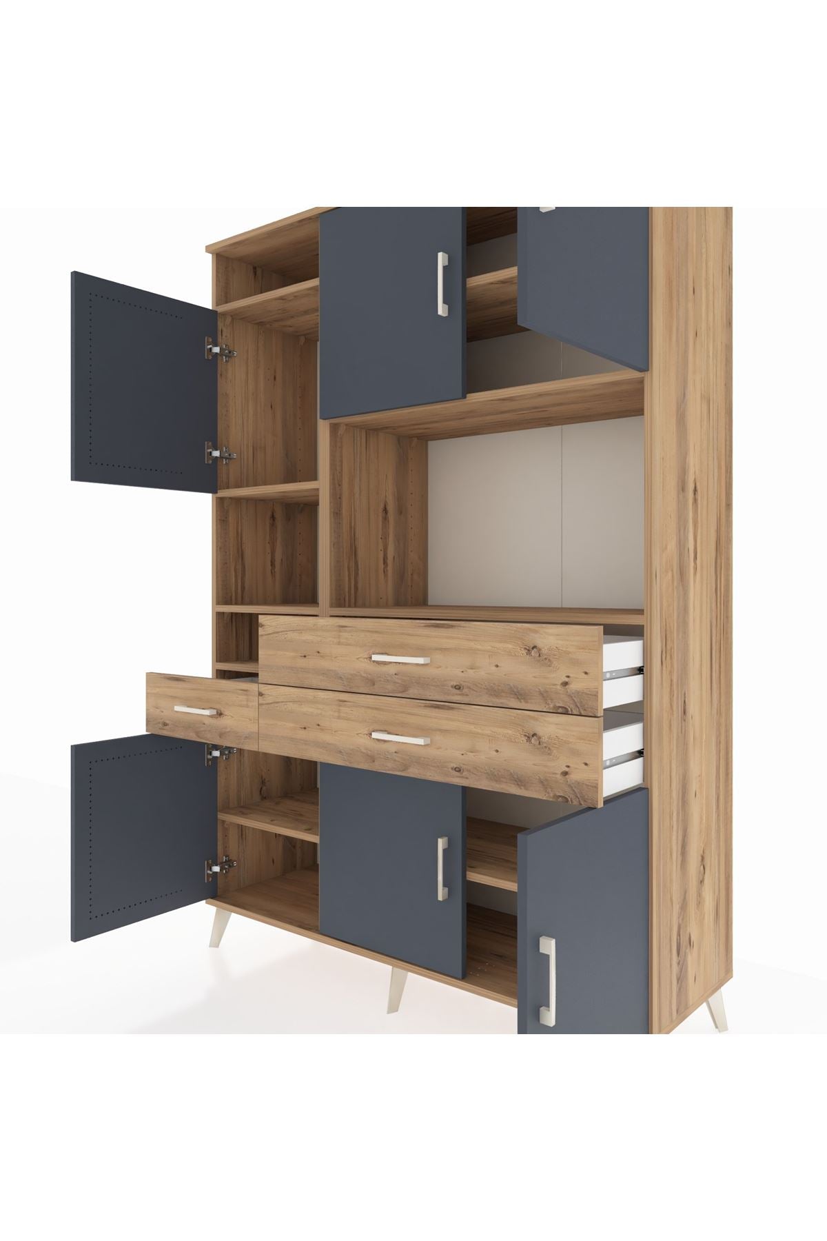 Hyperion Dolap 9 Raflı 3 Çekmeceli 6 Kapaklı 132x44x195 Çam-Antrasit/Çam