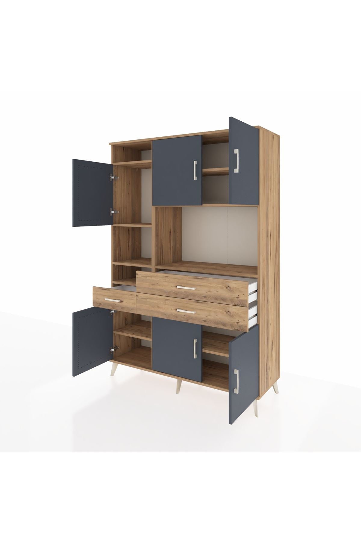 Hyperion Dolap 9 Raflı 3 Çekmeceli 6 Kapaklı 132x44x195 Çam-Antrasit/Çam