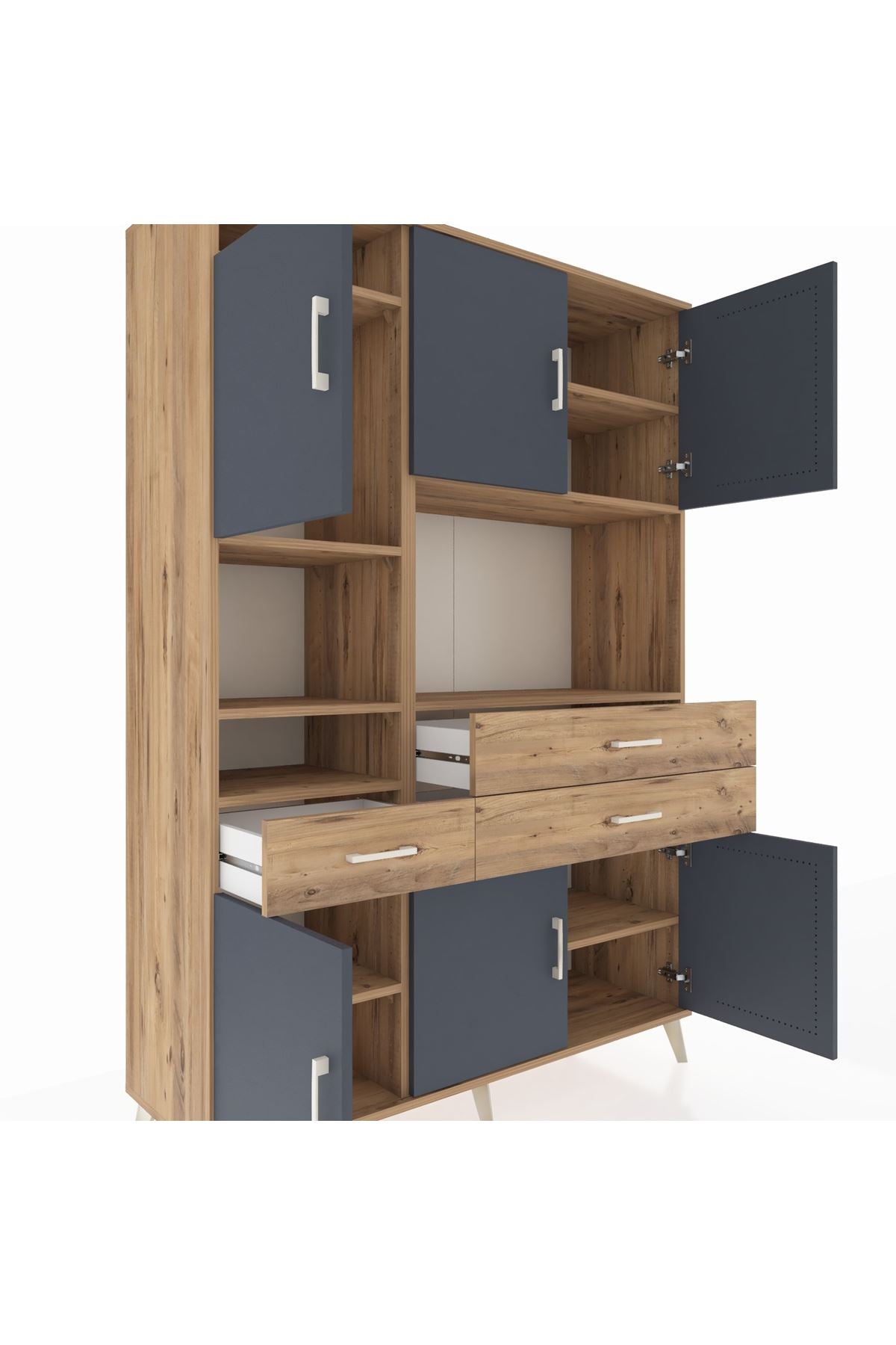 Hyperion Dolap 9 Raflı 3 Çekmeceli 6 Kapaklı 132x44x195 Çam-Antrasit/Çam