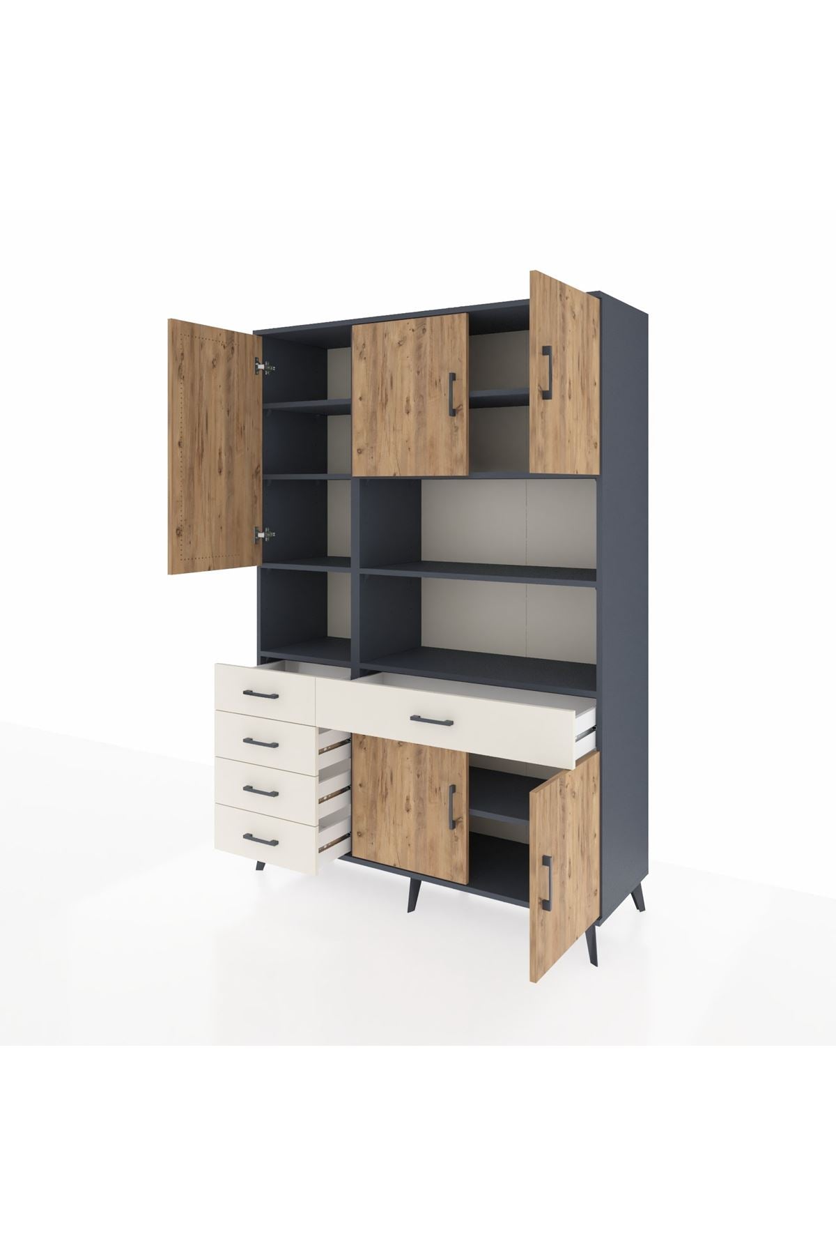 Hyperion Dolap 9 Raflı 5 Çekmeceli 5 Kapaklı 132x44x195 Antrasit-Çam/Aytaşı