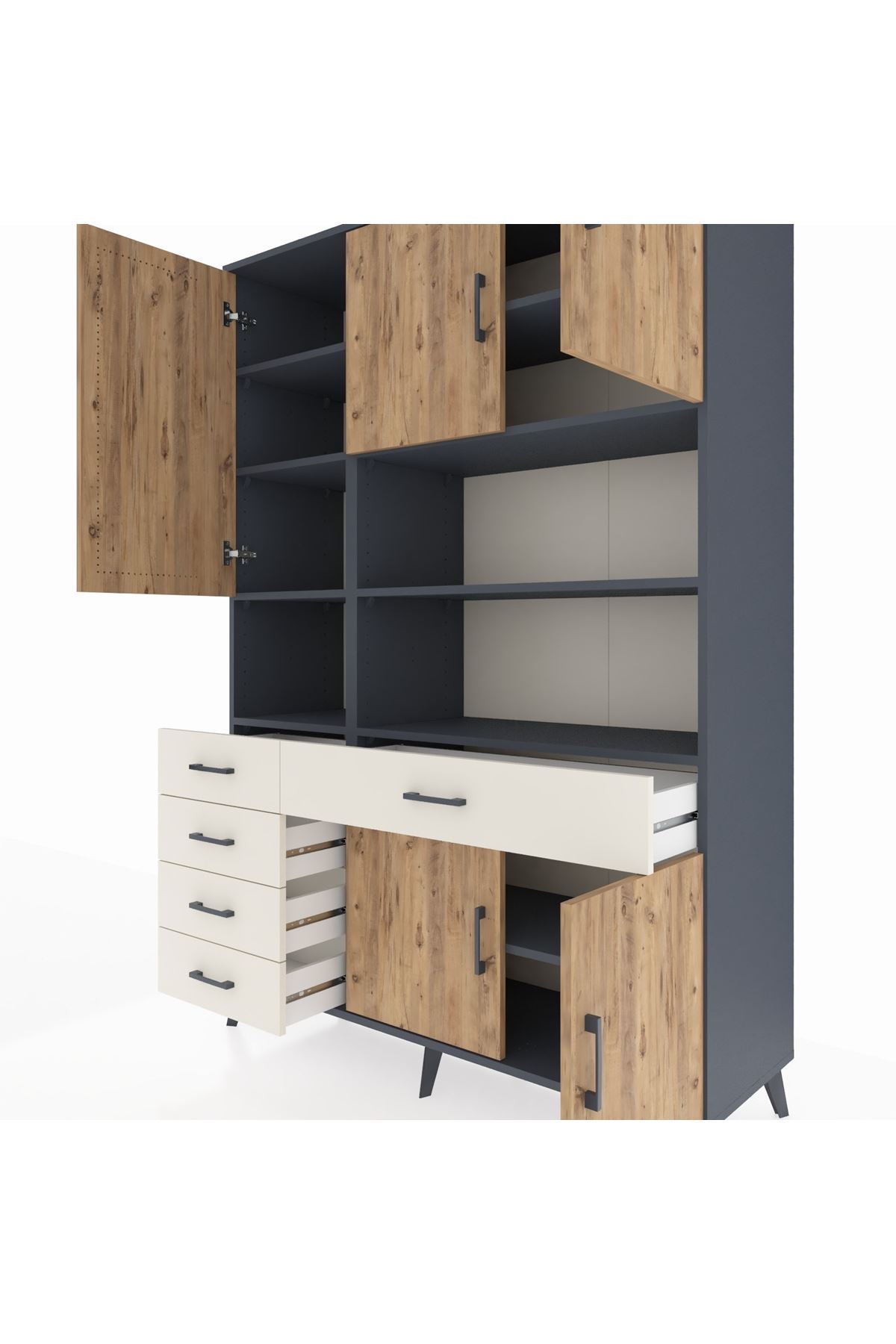 Hyperion Dolap 9 Raflı 5 Çekmeceli 5 Kapaklı 132x44x195 Antrasit-Çam/Aytaşı