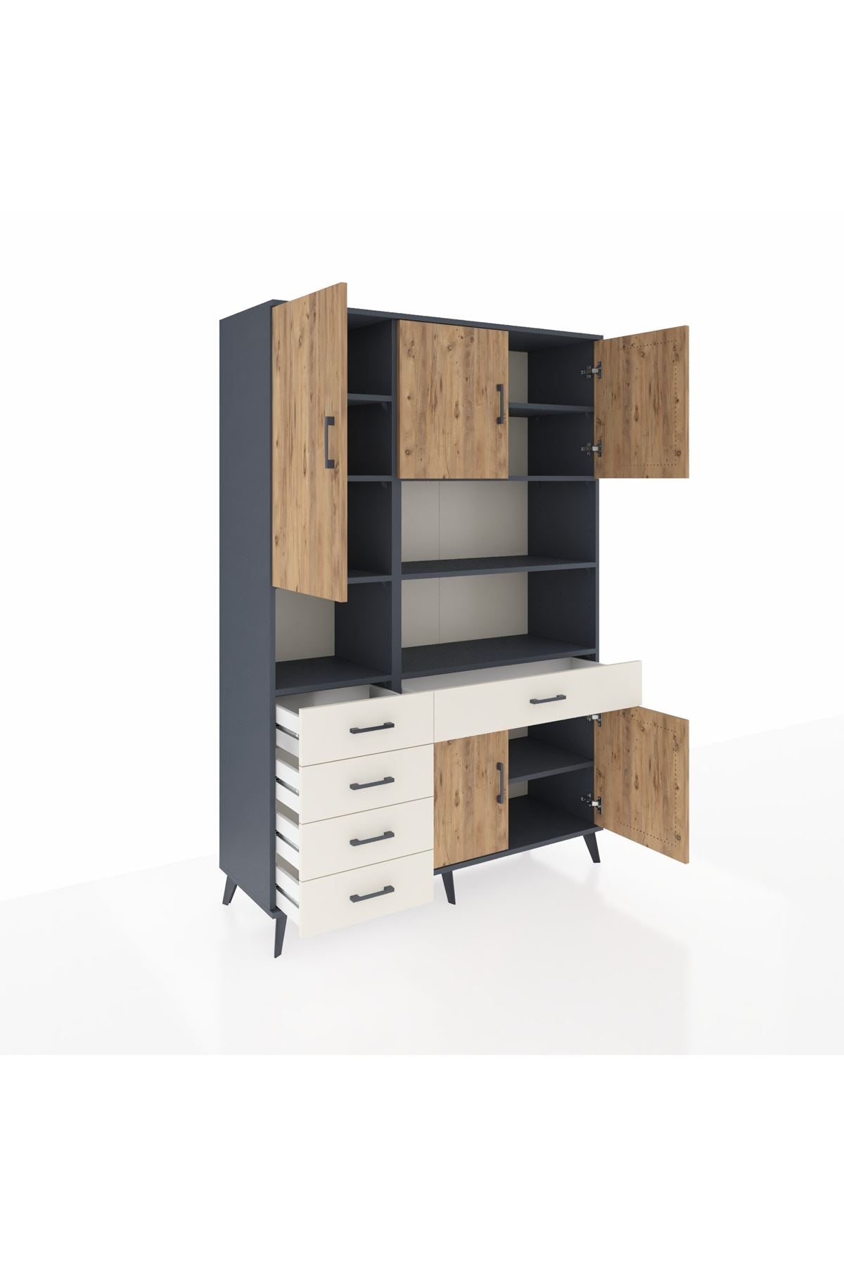 Hyperion Dolap 9 Raflı 5 Çekmeceli 5 Kapaklı 132x44x195 Antrasit-Çam/Aytaşı