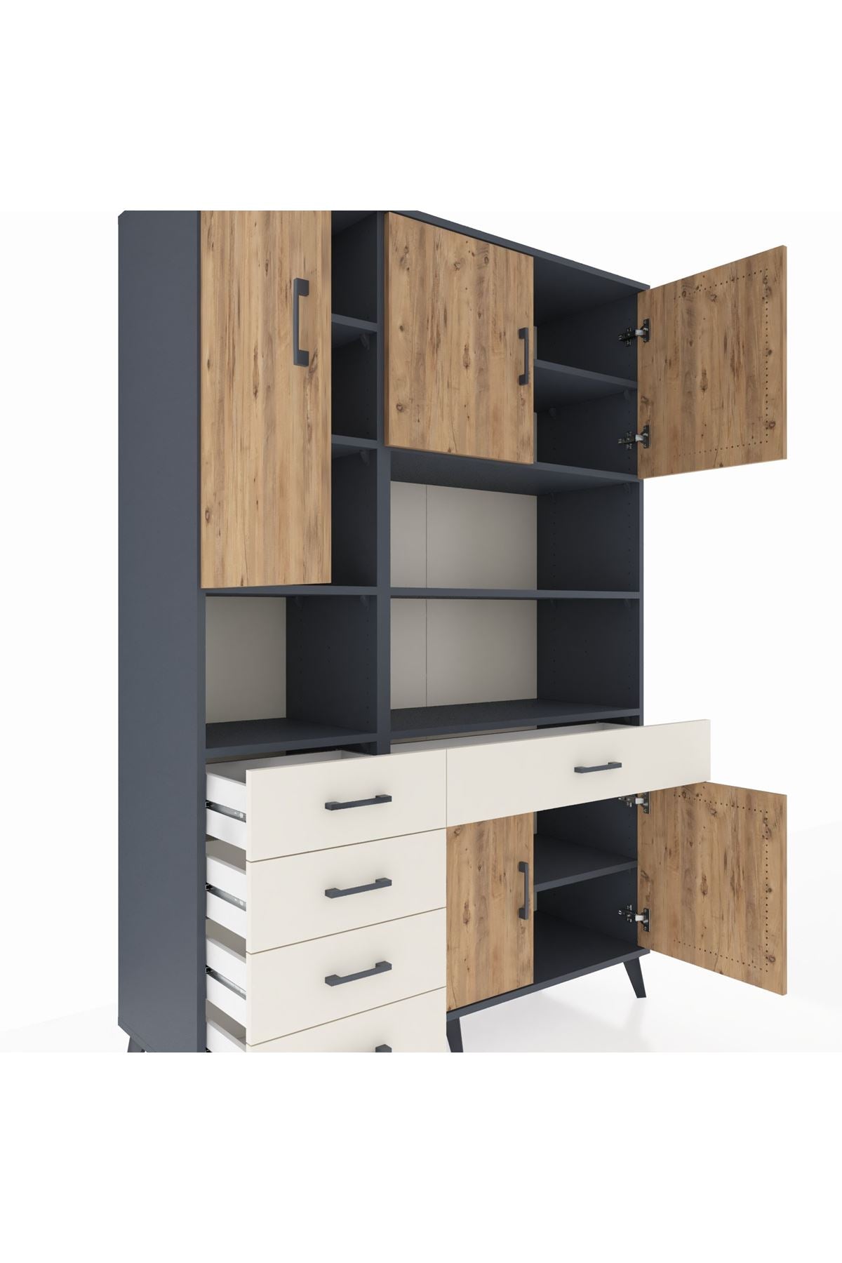 Hyperion Dolap 9 Raflı 5 Çekmeceli 5 Kapaklı 132x44x195 Antrasit-Çam/Aytaşı