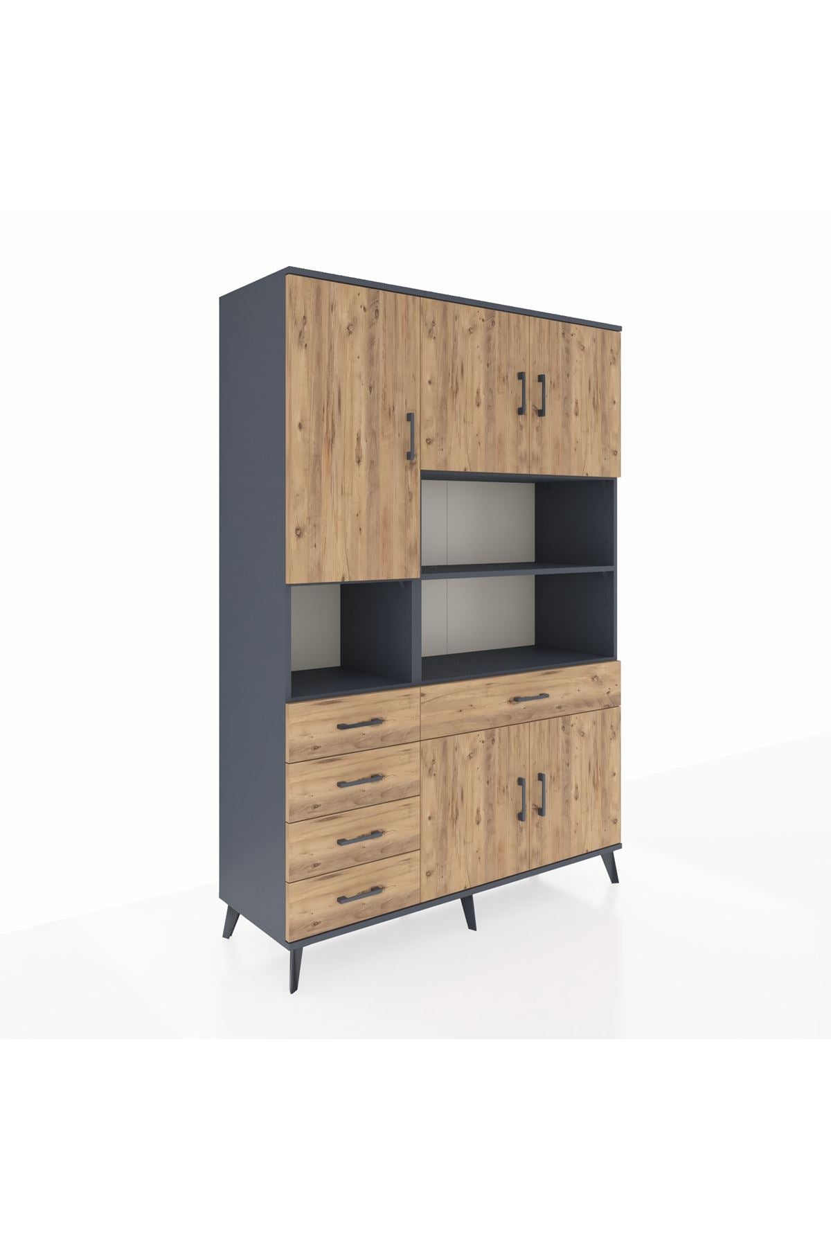 Hyperion Dolap 9 Raflı 5 Çekmeceli 5 Kapaklı 132x44x195 Antrasit-Çam/Çam