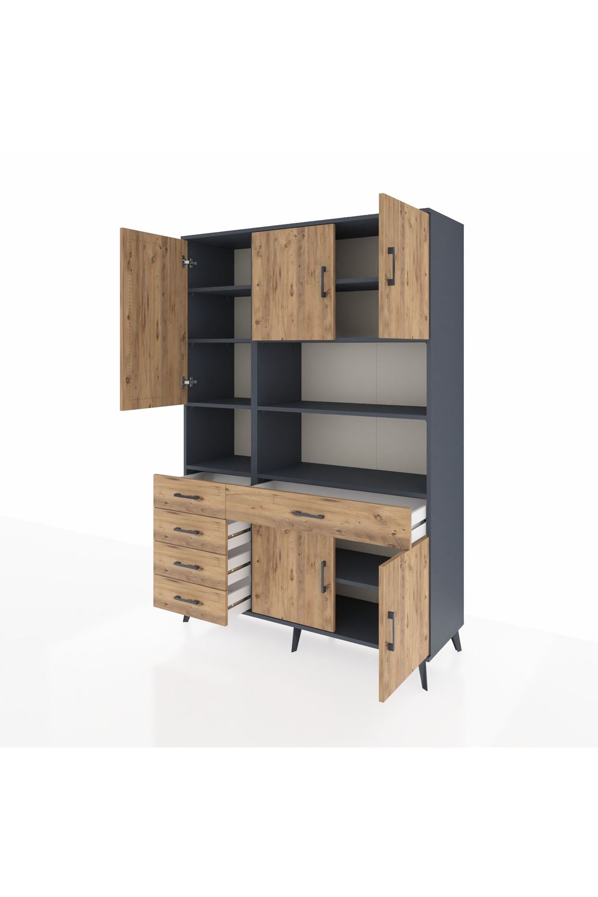 Hyperion Dolap 9 Raflı 5 Çekmeceli 5 Kapaklı 132x44x195 Antrasit-Çam/Çam