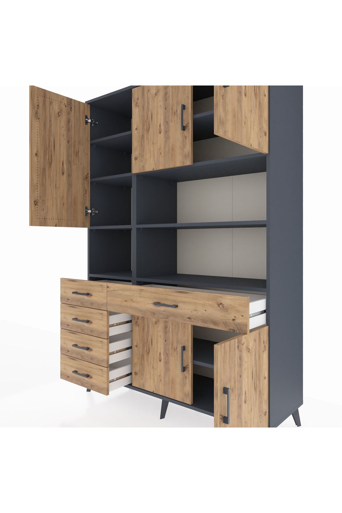 Hyperion Dolap 9 Raflı 5 Çekmeceli 5 Kapaklı 132x44x195 Antrasit-Çam/Çam