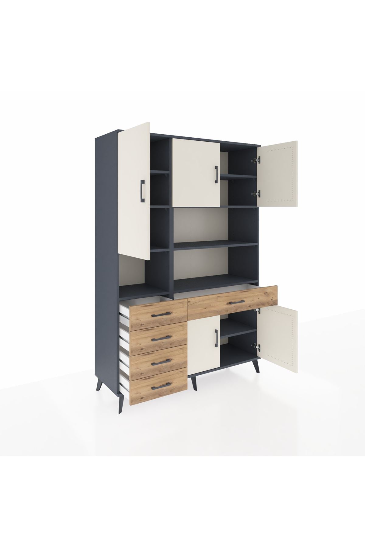 Hyperion Dolap 9 Raflı 5 Çekmeceli 5 Kapaklı 132x44x195 Antrasit-Aytaşı/Çam