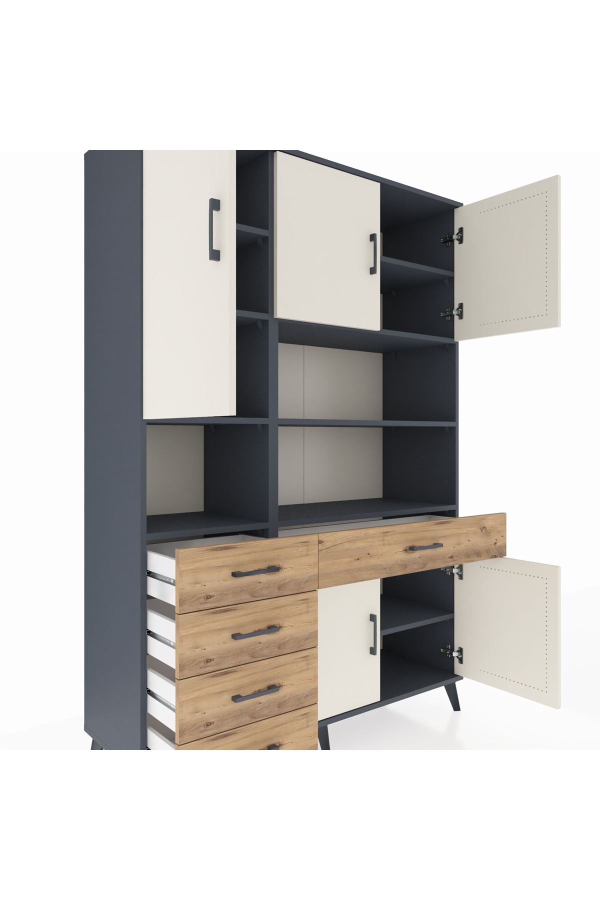 Hyperion Dolap 9 Raflı 5 Çekmeceli 5 Kapaklı 132x44x195 Antrasit-Aytaşı/Çam