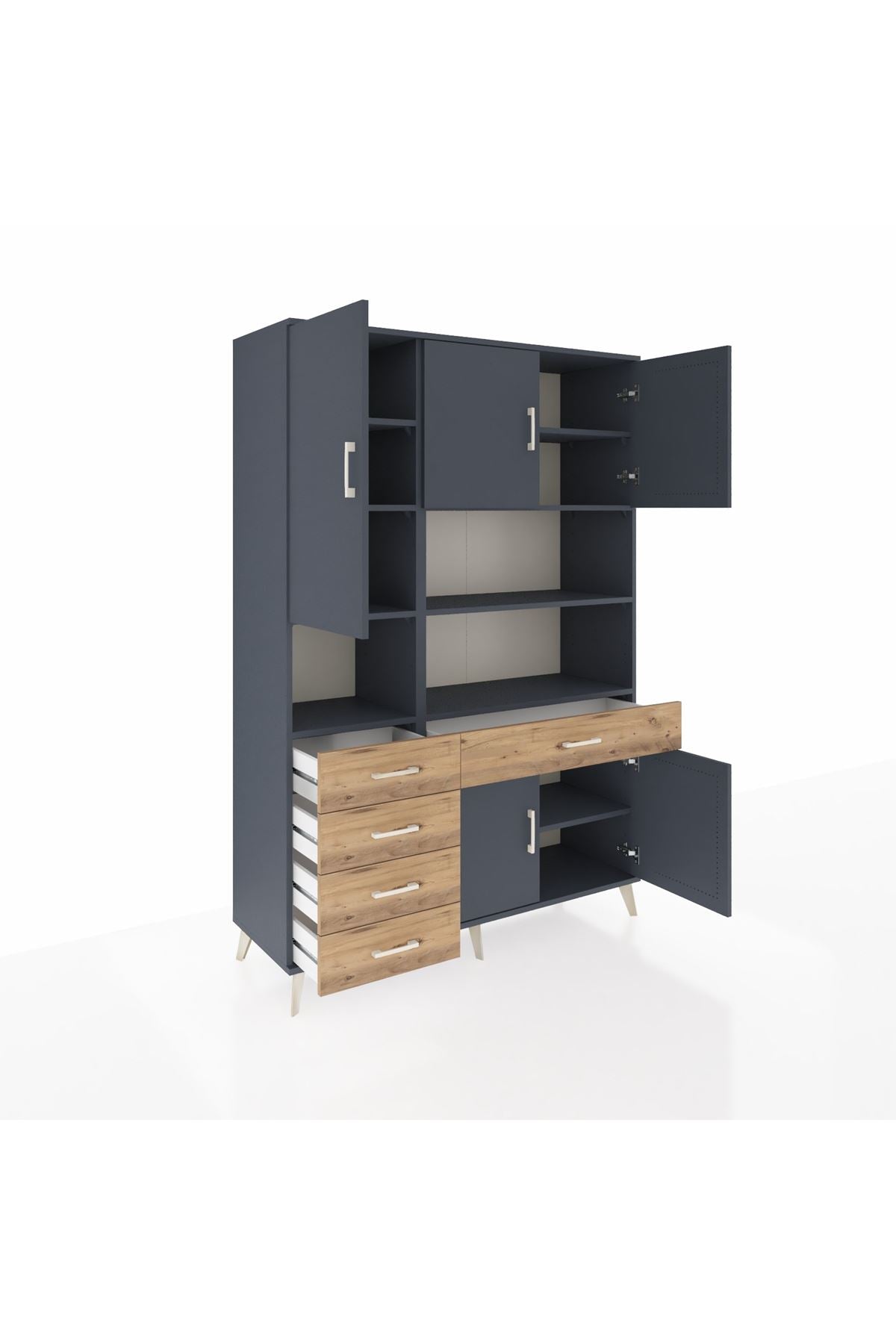 Hyperion Dolap 9 Raflı 5 Çekmeceli 5 Kapaklı 132x44x195 Antrasit-Antrasit/Çam