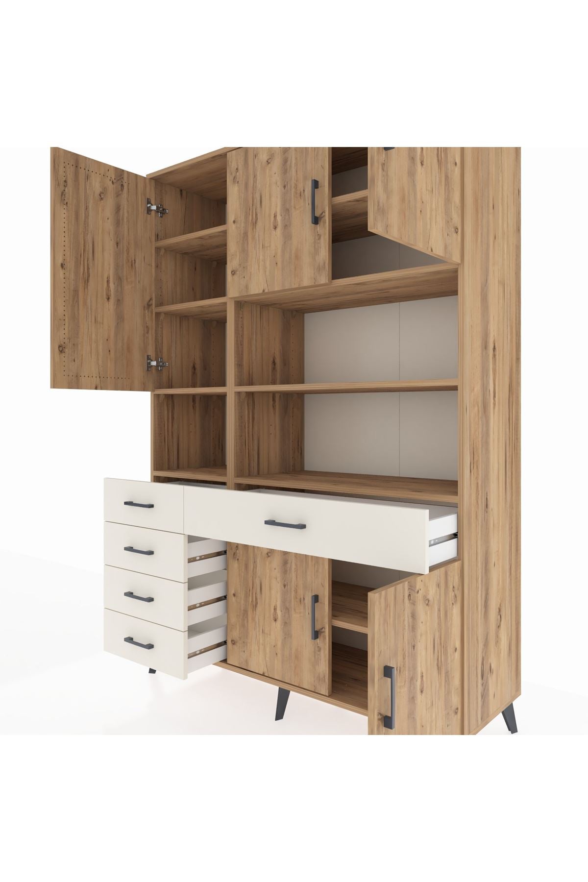 Hyperion Dolap 9 Raflı 5 Çekmeceli 5 Kapaklı 132x44x195 Çam-Çam/Aytaşı