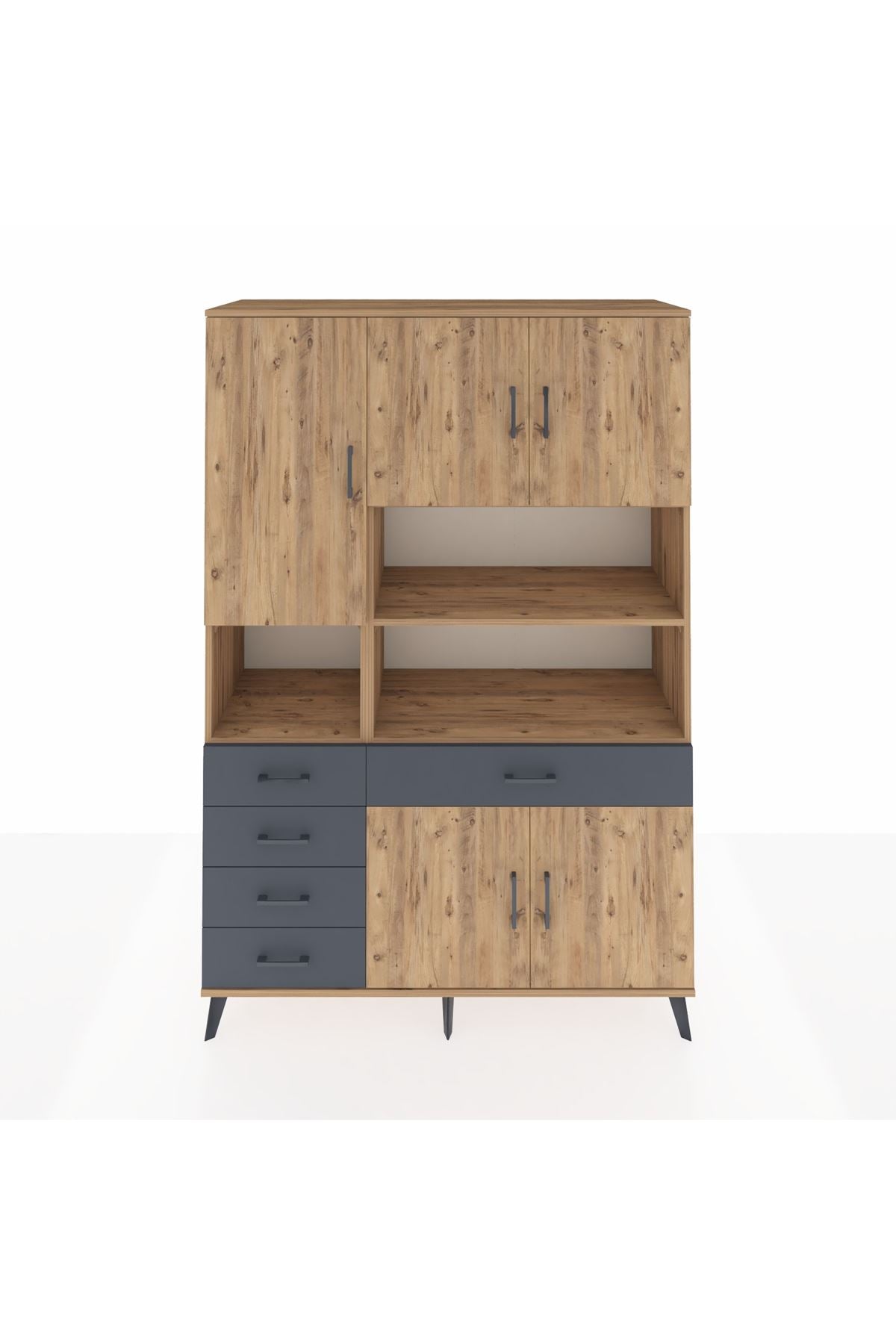 Hyperion Dolap 9 Raflı 5 Çekmeceli 5 Kapaklı 132x44x195 Çam-Çam/Antrasit