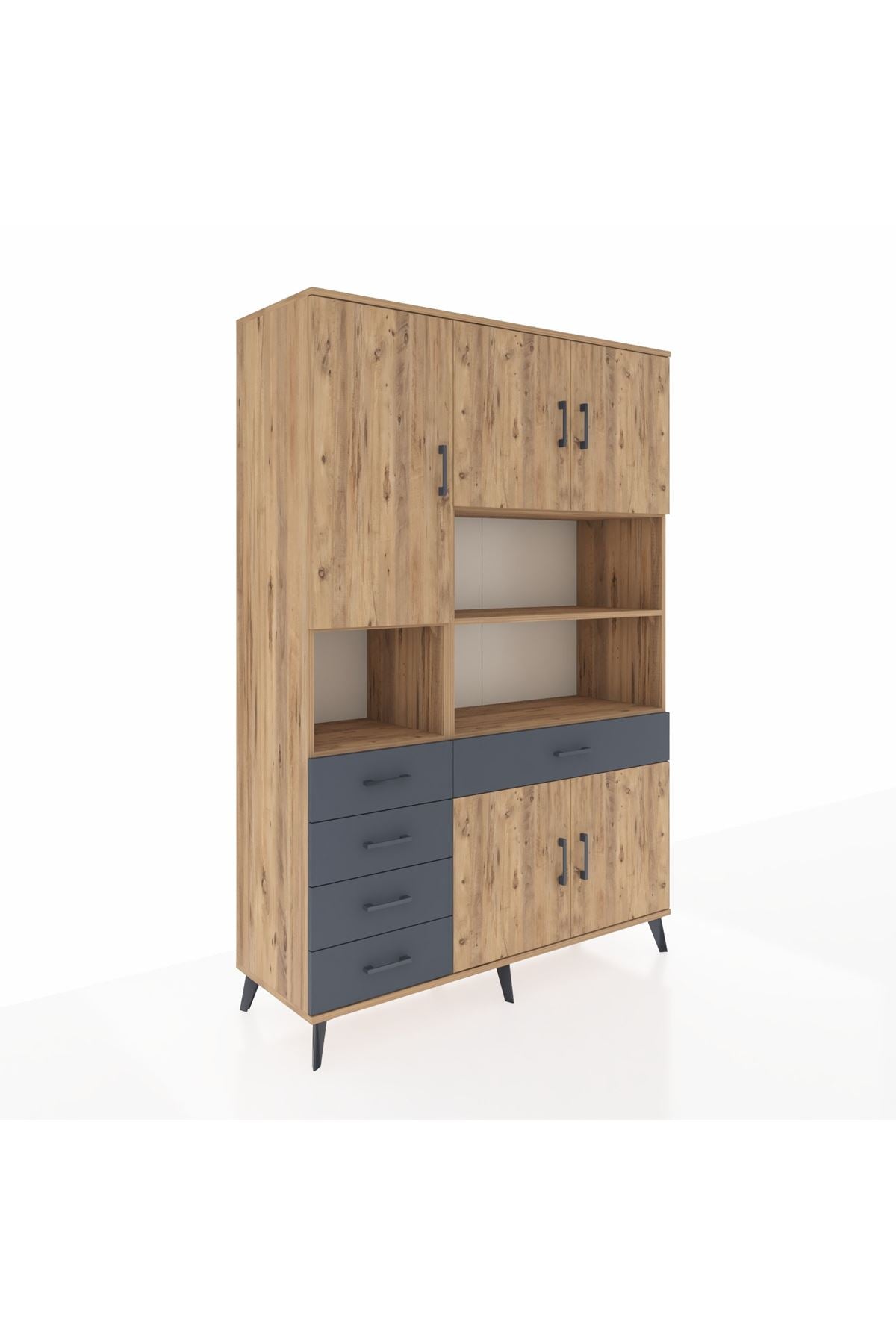 Hyperion Dolap 9 Raflı 5 Çekmeceli 5 Kapaklı 132x44x195 Çam-Çam/Antrasit