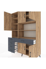 Hyperion Dolap 9 Raflı 5 Çekmeceli 5 Kapaklı 132x44x195 Çam-Çam/Antrasit