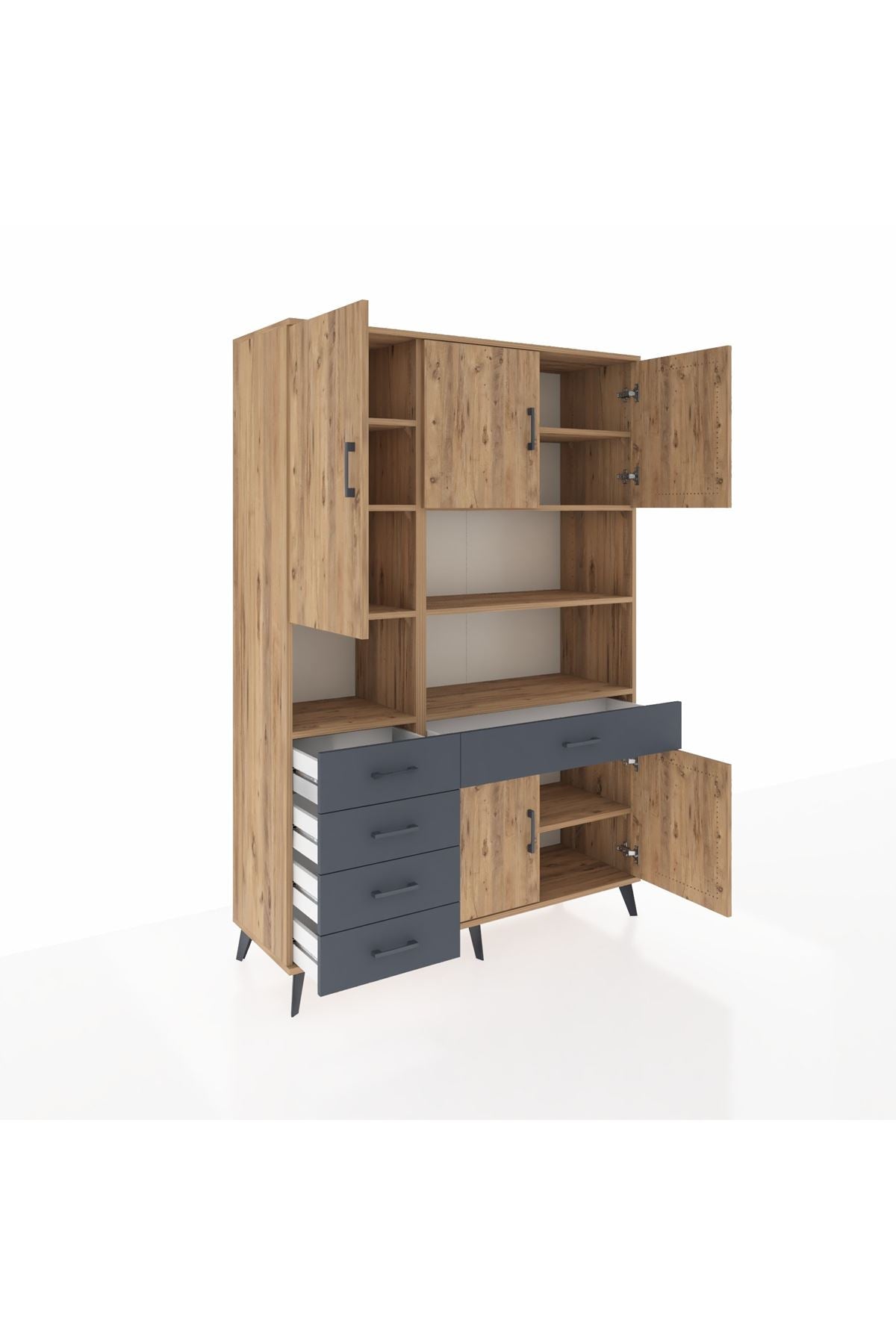 Hyperion Dolap 9 Raflı 5 Çekmeceli 5 Kapaklı 132x44x195 Çam-Çam/Antrasit