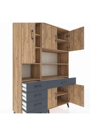 Hyperion Dolap 9 Raflı 5 Çekmeceli 5 Kapaklı 132x44x195 Çam-Çam/Antrasit