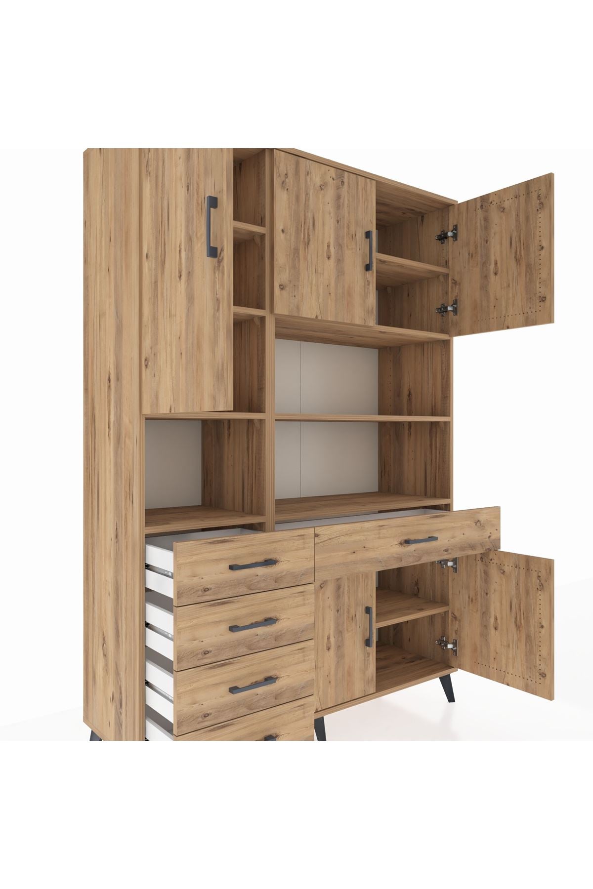 Hyperion Dolap 9 Raflı 5 Çekmeceli 5 Kapaklı 132x44x195 Çam-Çam/Çam