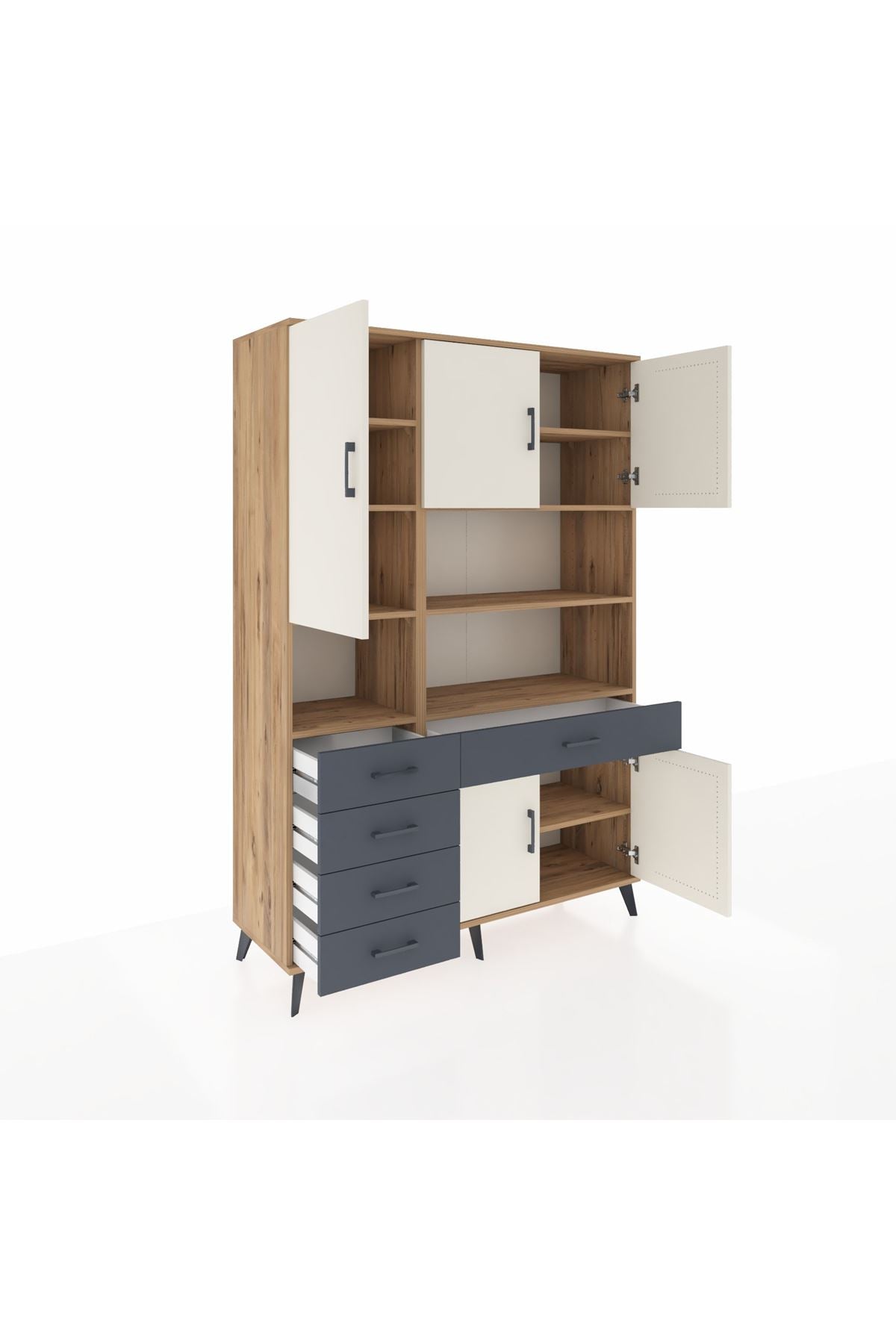 Hyperion Dolap 9 Raflı 5 Çekmeceli 5 Kapaklı 132x44x195 Çam-Aytaşı/Antrasit