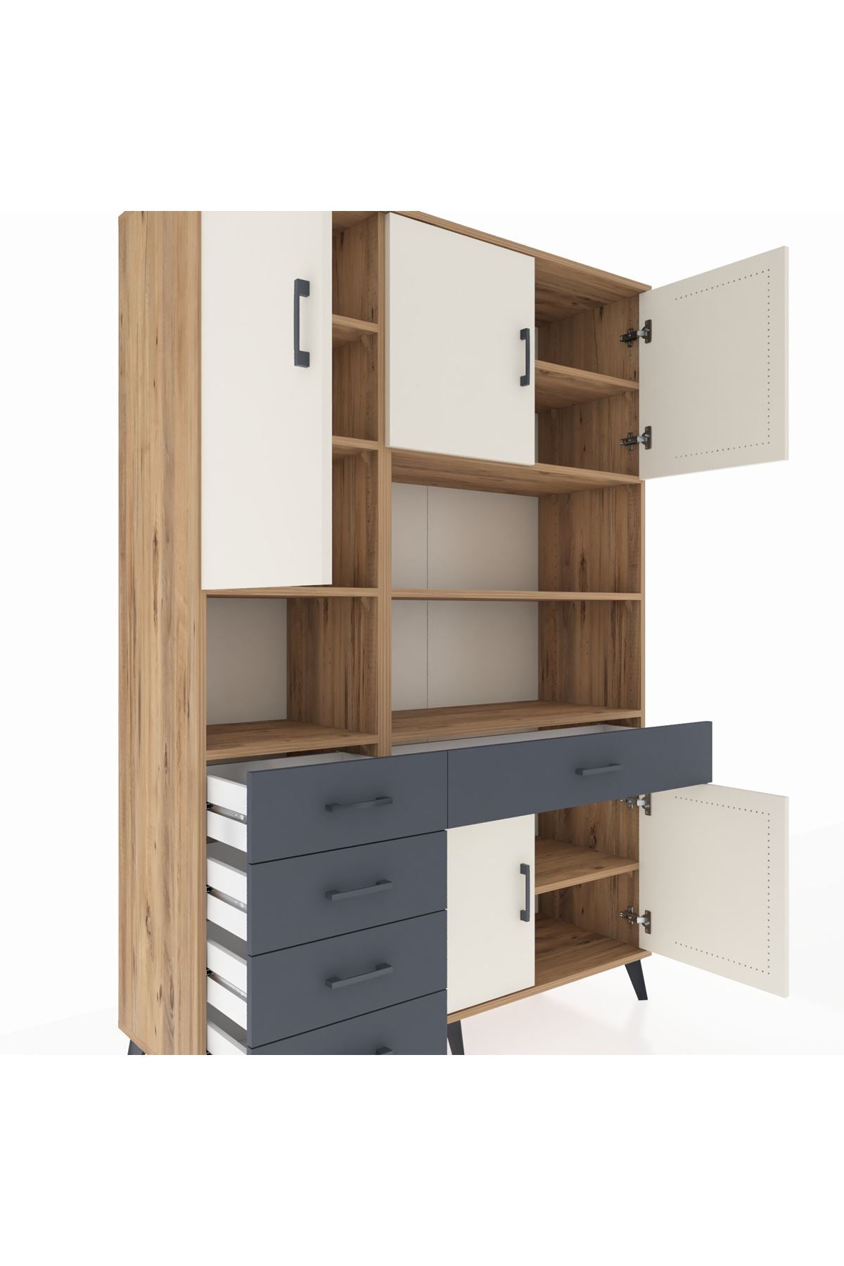 Hyperion Dolap 9 Raflı 5 Çekmeceli 5 Kapaklı 132x44x195 Çam-Aytaşı/Antrasit