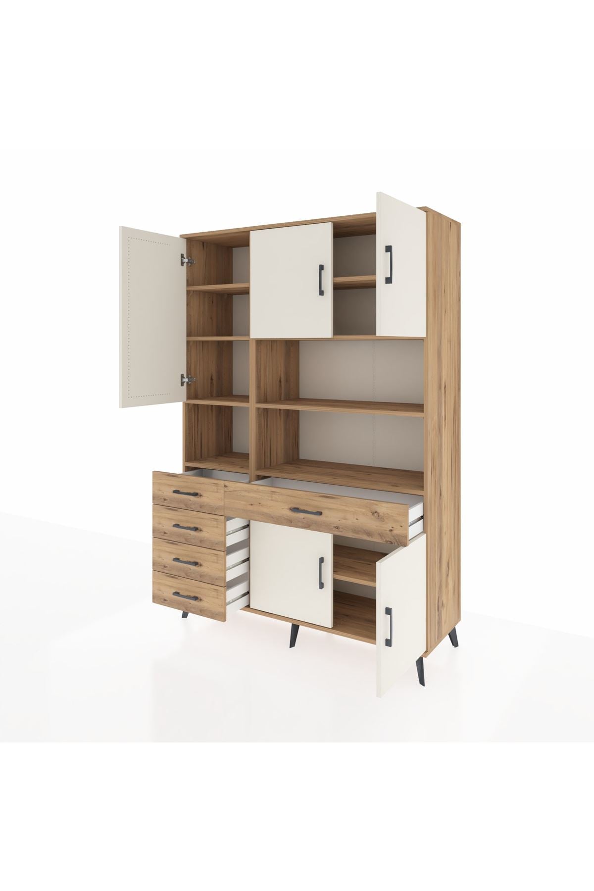 Hyperion Dolap 9 Raflı 5 Çekmeceli 5 Kapaklı 132x44x195 Çam-Aytaşı/Çam