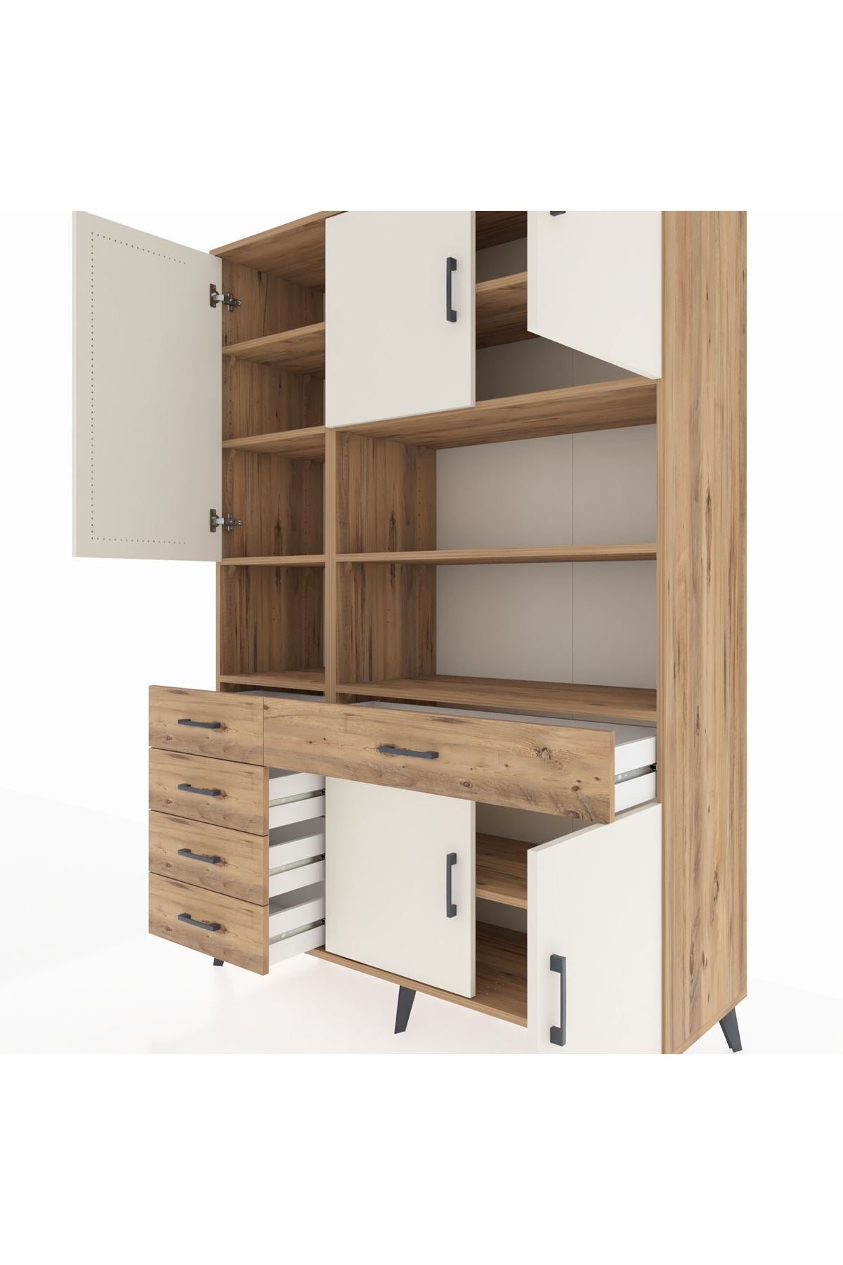 Hyperion Dolap 9 Raflı 5 Çekmeceli 5 Kapaklı 132x44x195 Çam-Aytaşı/Çam