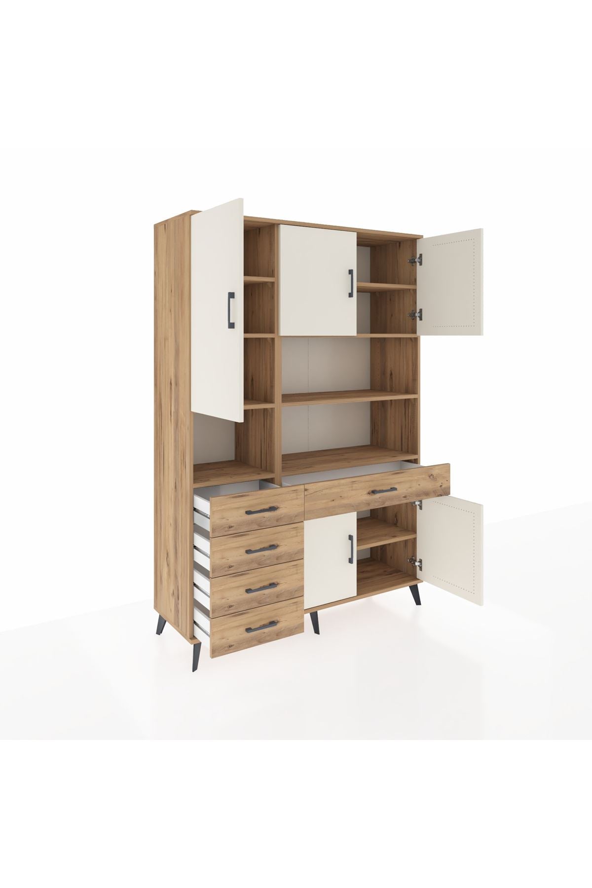 Hyperion Dolap 9 Raflı 5 Çekmeceli 5 Kapaklı 132x44x195 Çam-Aytaşı/Çam