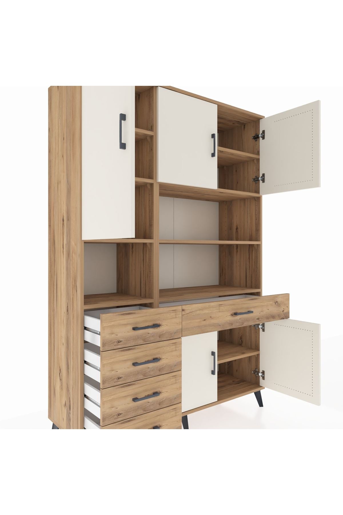 Hyperion Dolap 9 Raflı 5 Çekmeceli 5 Kapaklı 132x44x195 Çam-Aytaşı/Çam