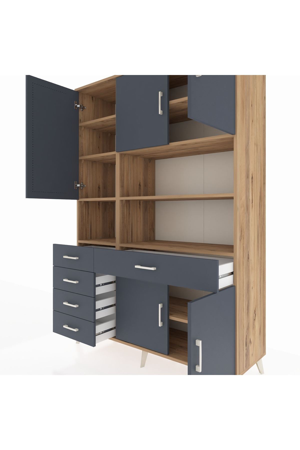 Hyperion Dolap 9 Raflı 5 Çekmeceli 5 Kapaklı 132x44x195 Çam-Antrasit/Antrasit