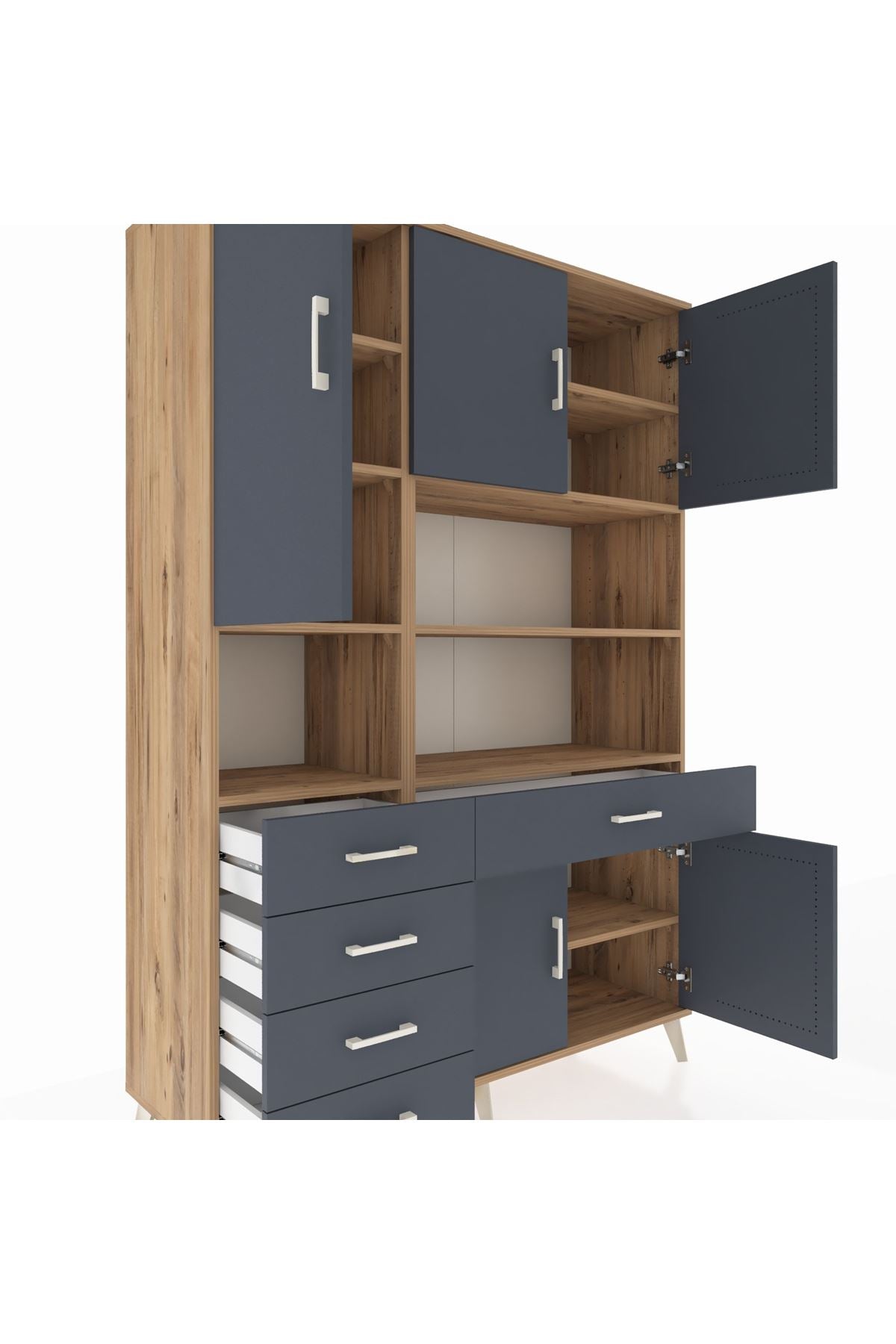 Hyperion Dolap 9 Raflı 5 Çekmeceli 5 Kapaklı 132x44x195 Çam-Antrasit/Antrasit