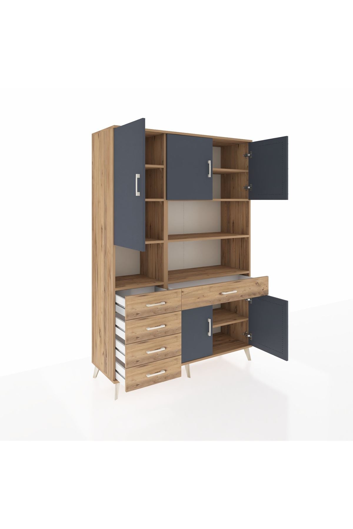 Hyperion Dolap 9 Raflı 5 Çekmeceli 5 Kapaklı 132x44x195 Çam-Antrasit/Çam