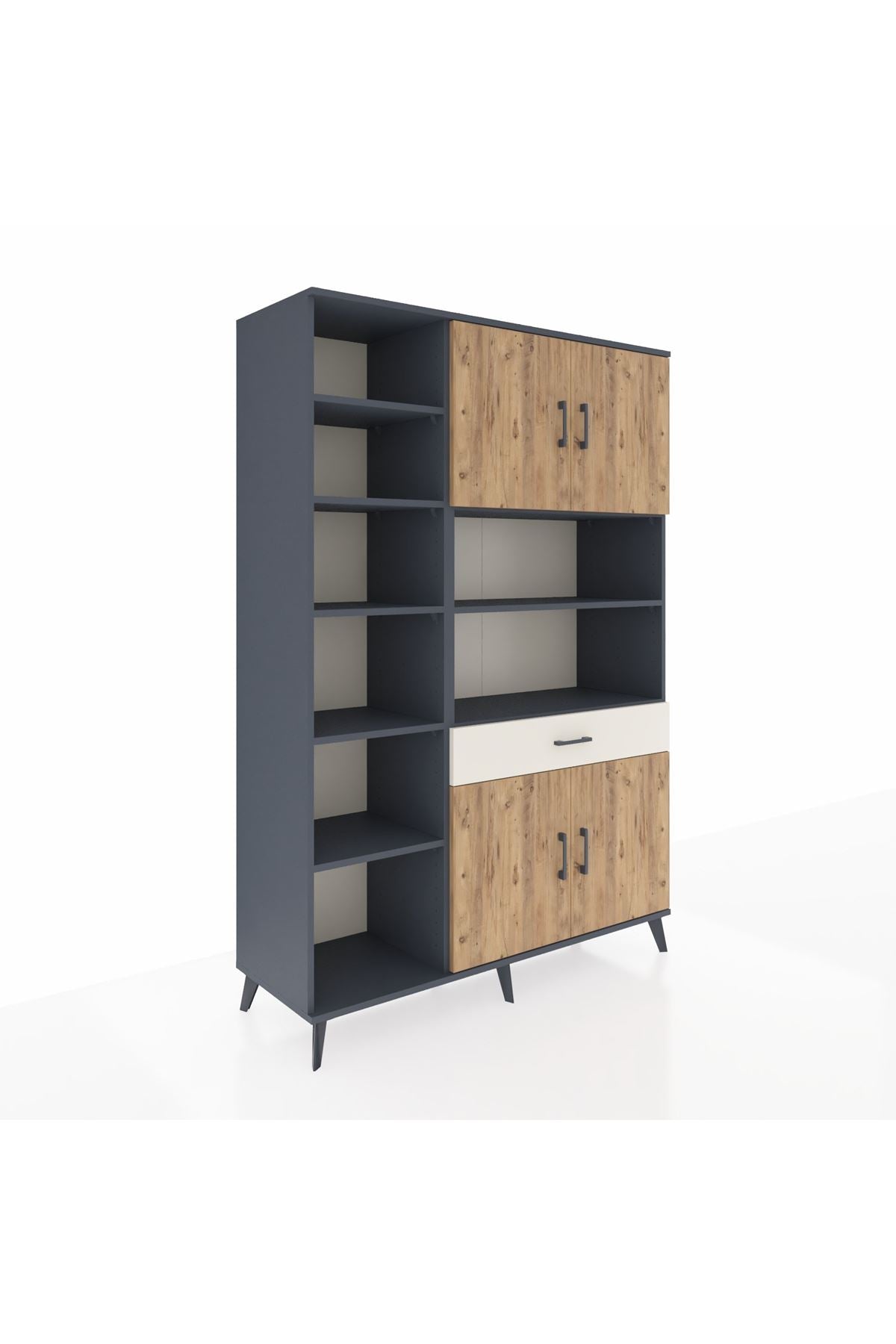 Hyperion Dolap 10 Raflı Tek Çekmeceli 4 Kapaklı 132x44x195 Antrasit-Çam/Aytaşı