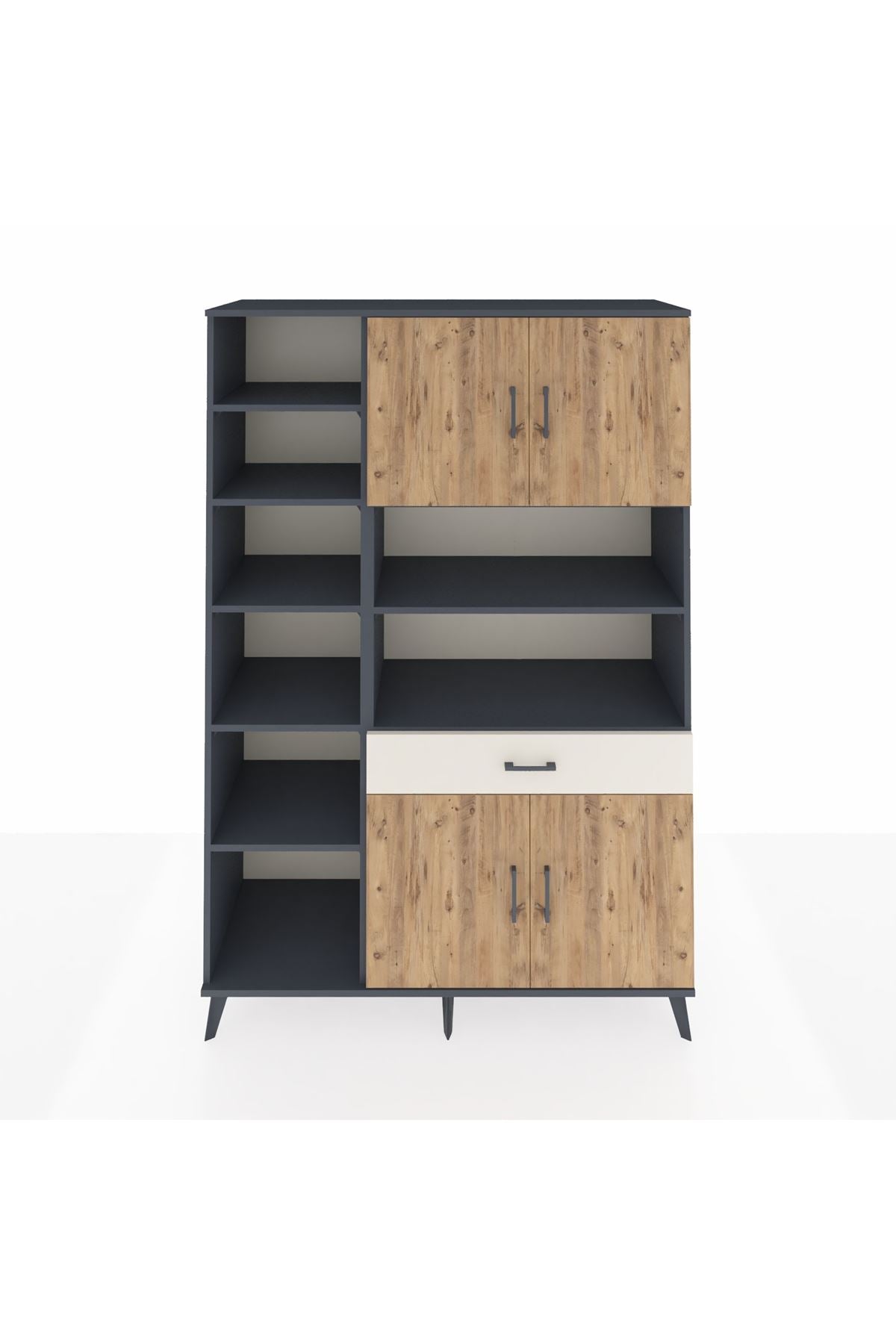 Hyperion Dolap 10 Raflı Tek Çekmeceli 4 Kapaklı 132x44x195 Antrasit-Çam/Aytaşı