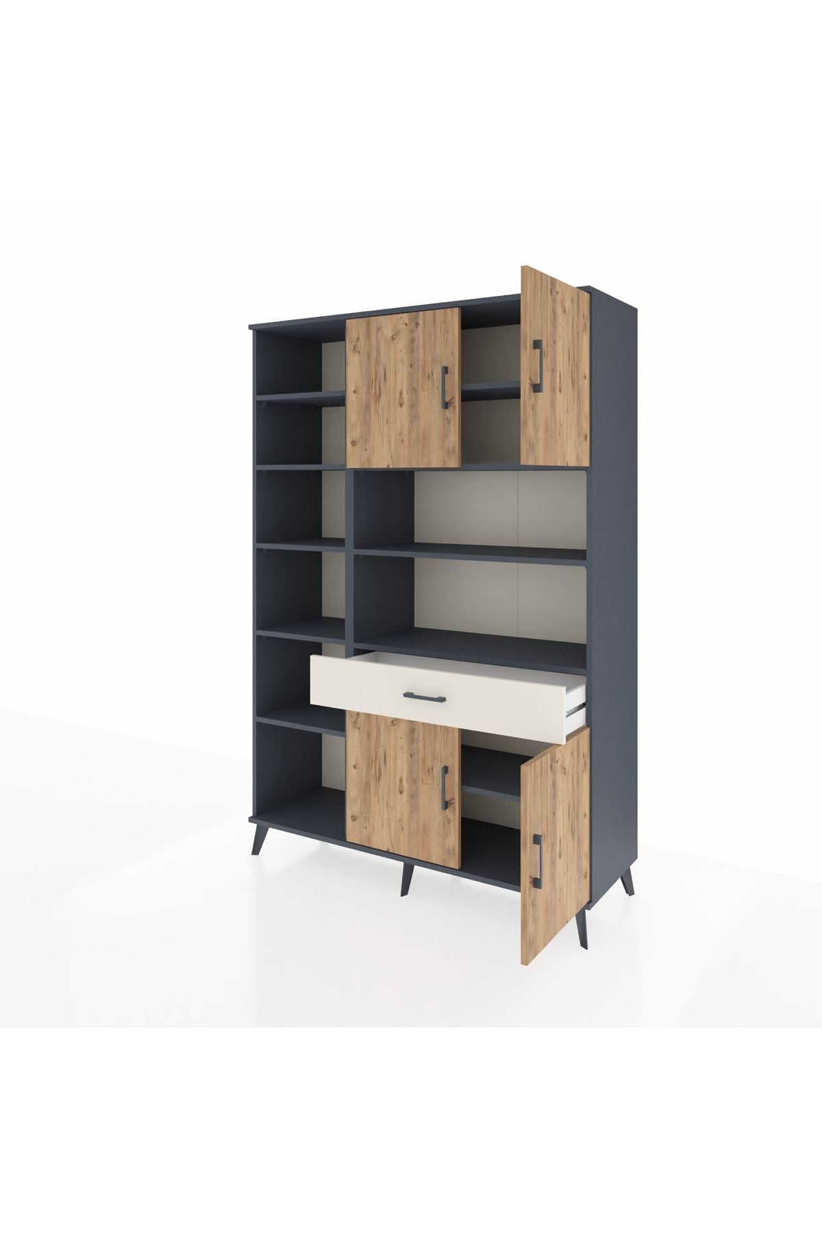 Hyperion Dolap 10 Raflı Tek Çekmeceli 4 Kapaklı 132x44x195 Antrasit-Çam/Aytaşı