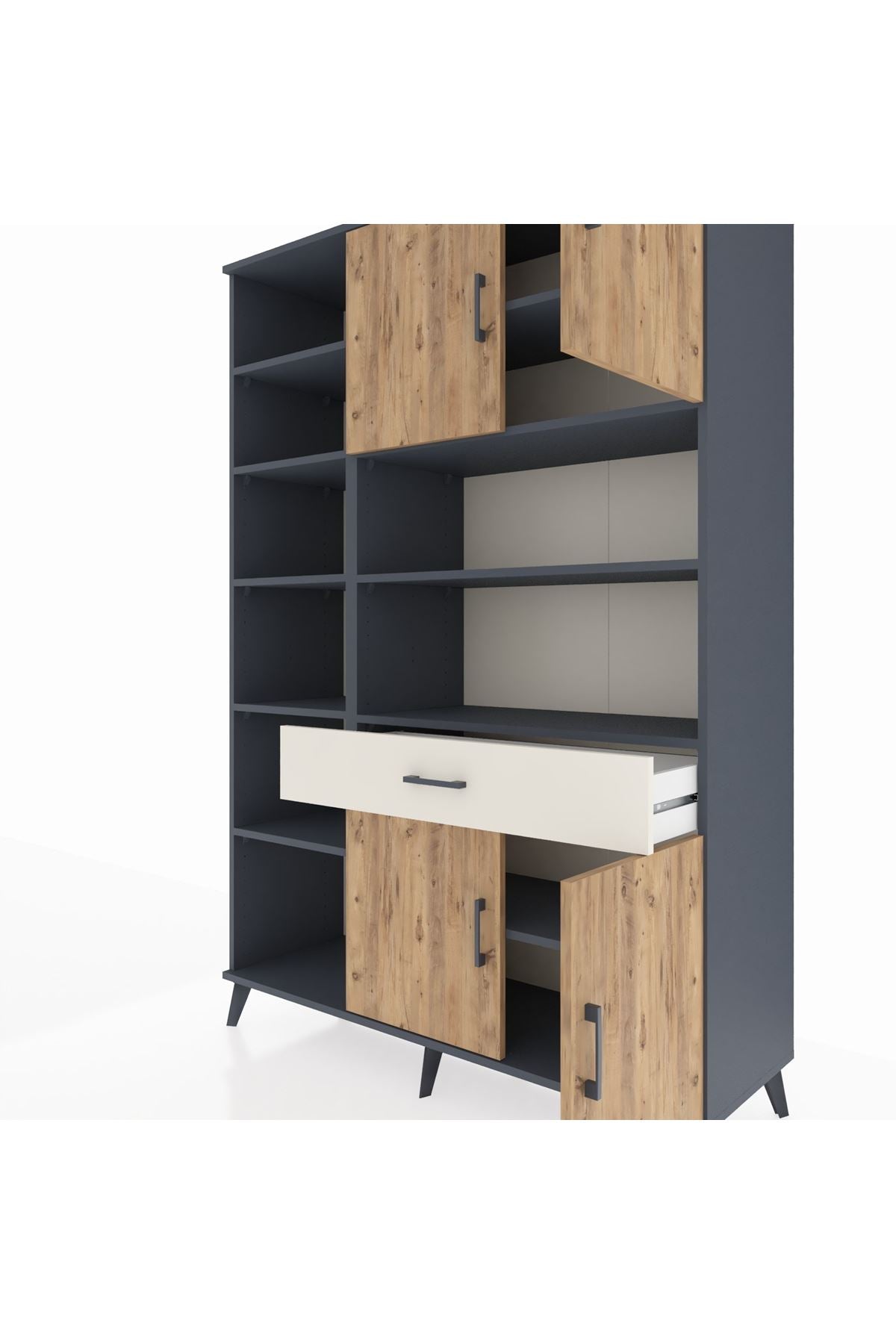 Hyperion Dolap 10 Raflı Tek Çekmeceli 4 Kapaklı 132x44x195 Antrasit-Çam/Aytaşı