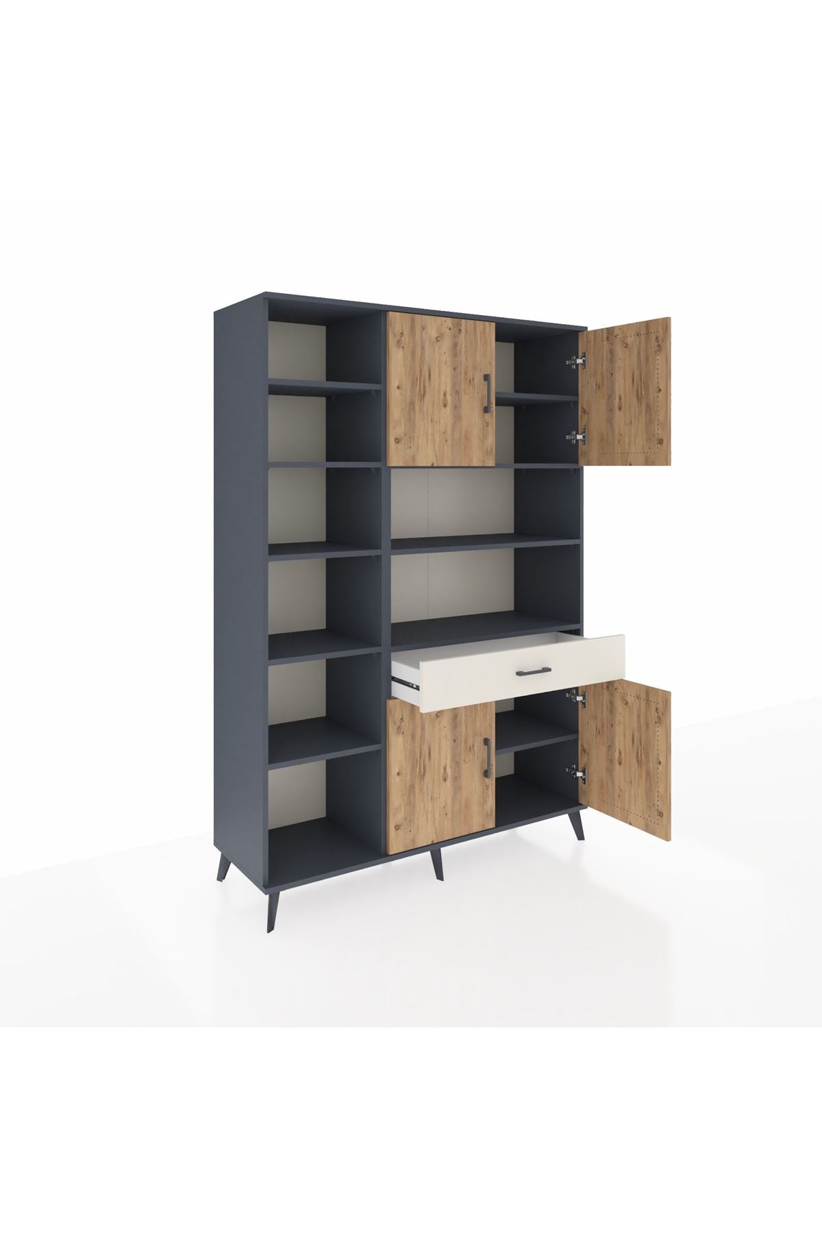 Hyperion Dolap 10 Raflı Tek Çekmeceli 4 Kapaklı 132x44x195 Antrasit-Çam/Aytaşı