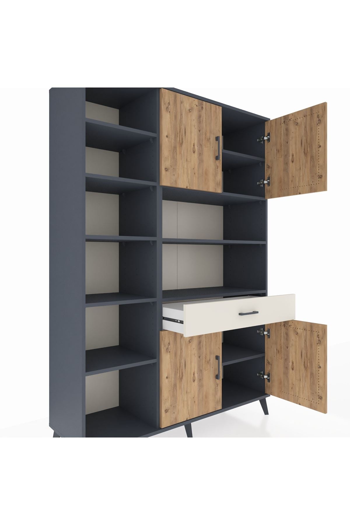 Hyperion Dolap 10 Raflı Tek Çekmeceli 4 Kapaklı 132x44x195 Antrasit-Çam/Aytaşı