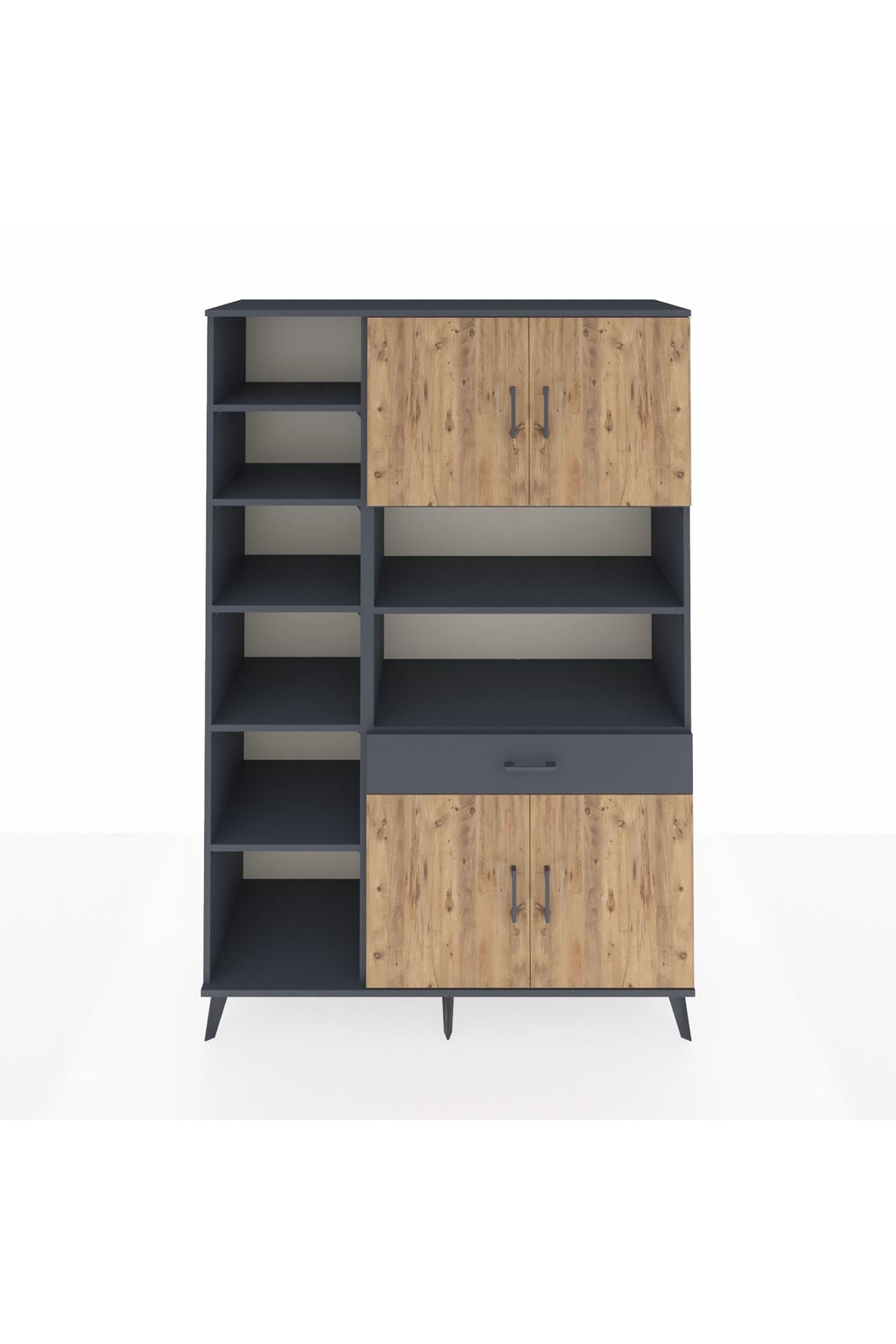Hyperion Dolap 10 Raflı Tek Çekmeceli 4 Kapaklı 132x44x195 Antrasit-Çam/Antrasit