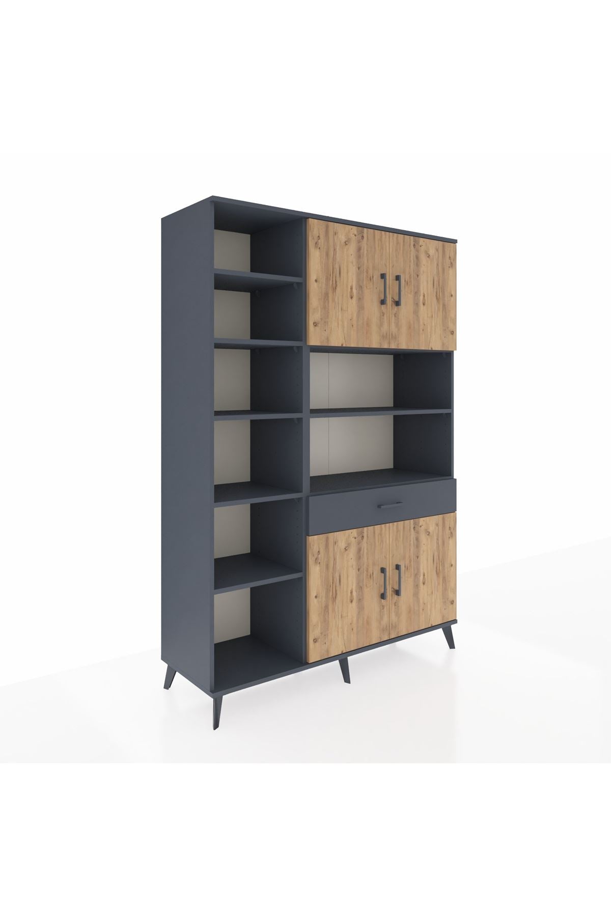 Hyperion Dolap 10 Raflı Tek Çekmeceli 4 Kapaklı 132x44x195 Antrasit-Çam/Antrasit