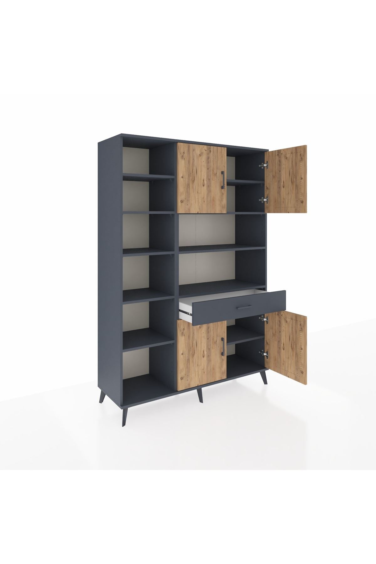 Hyperion Dolap 10 Raflı Tek Çekmeceli 4 Kapaklı 132x44x195 Antrasit-Çam/Antrasit