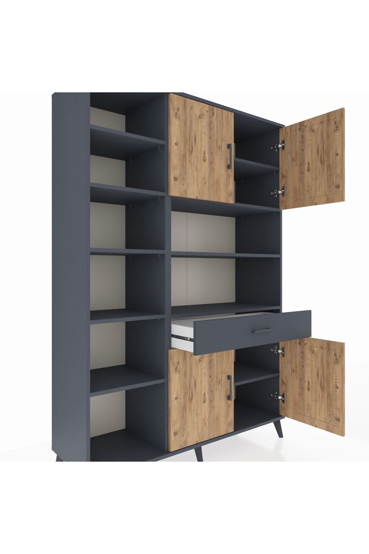 Hyperion Dolap 10 Raflı Tek Çekmeceli 4 Kapaklı 132x44x195 Antrasit-Çam/Antrasit