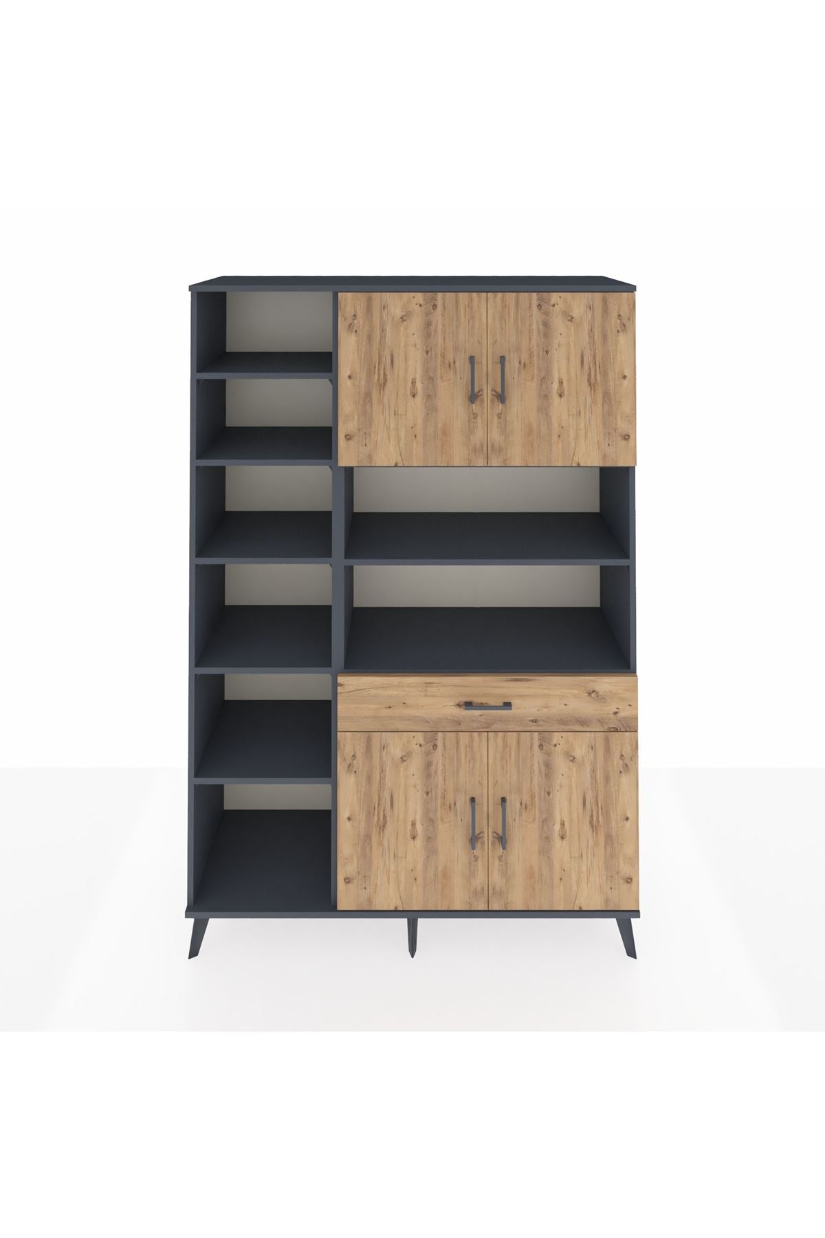 Hyperion Dolap 10 Raflı Tek Çekmeceli 4 Kapaklı 132x44x195 Antrasit-Çam/Çam