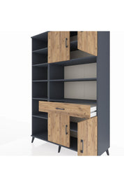 Hyperion Dolap 10 Raflı Tek Çekmeceli 4 Kapaklı 132x44x195 Antrasit-Çam/Çam